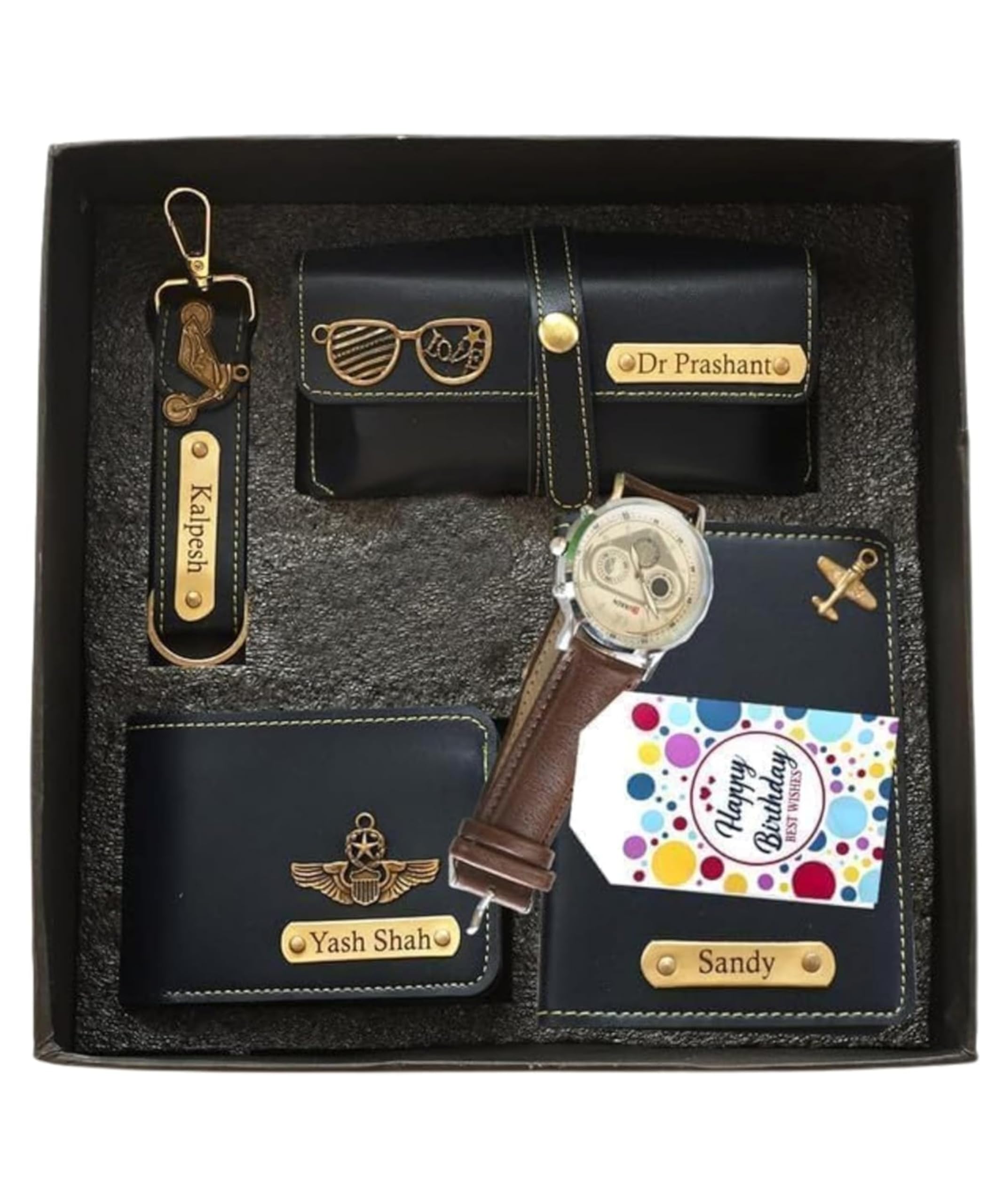Your Name Customized Leather Passport Holder, Sunglasses Cover and Men's Wallet with Mens Watch and Keychain Gifts - Rakshabandhan Personalized Gifts (Black)-image-24