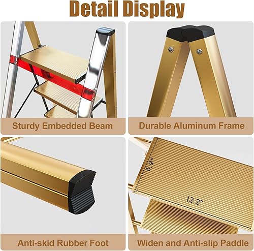 Miniatura 5 de Taburete plegable de 3 escalones para armariococina-Escalera de aluminio dorado, escaleras plegables ligeras de 330 libras con pedal ancho