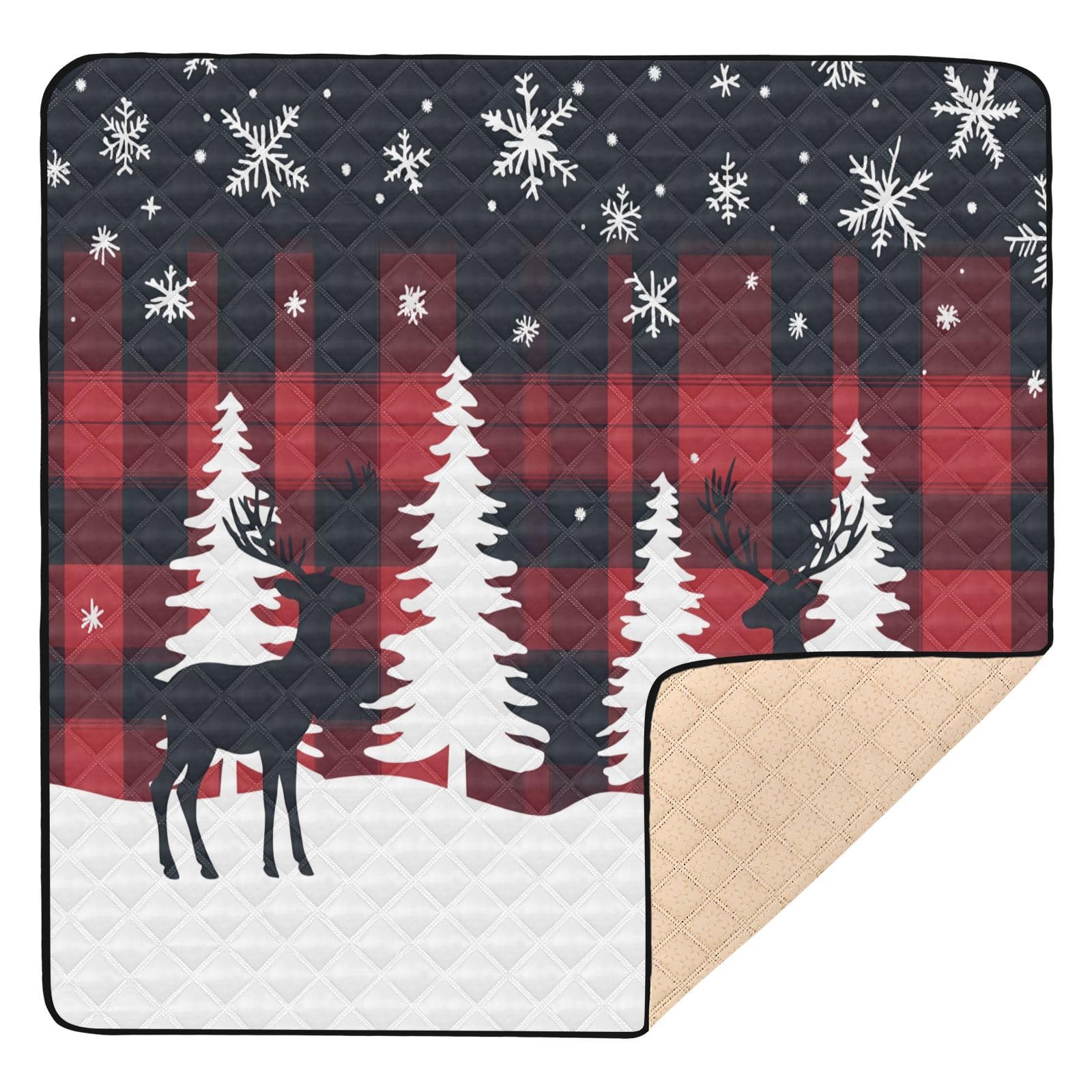 BOESI Doodle Elk and Snowflake Pattern Baby Play Mat, 50“ X 50” Washable Folding Crawling Mat, Baby Floor Mat, Soft, Thick, Non-Slip