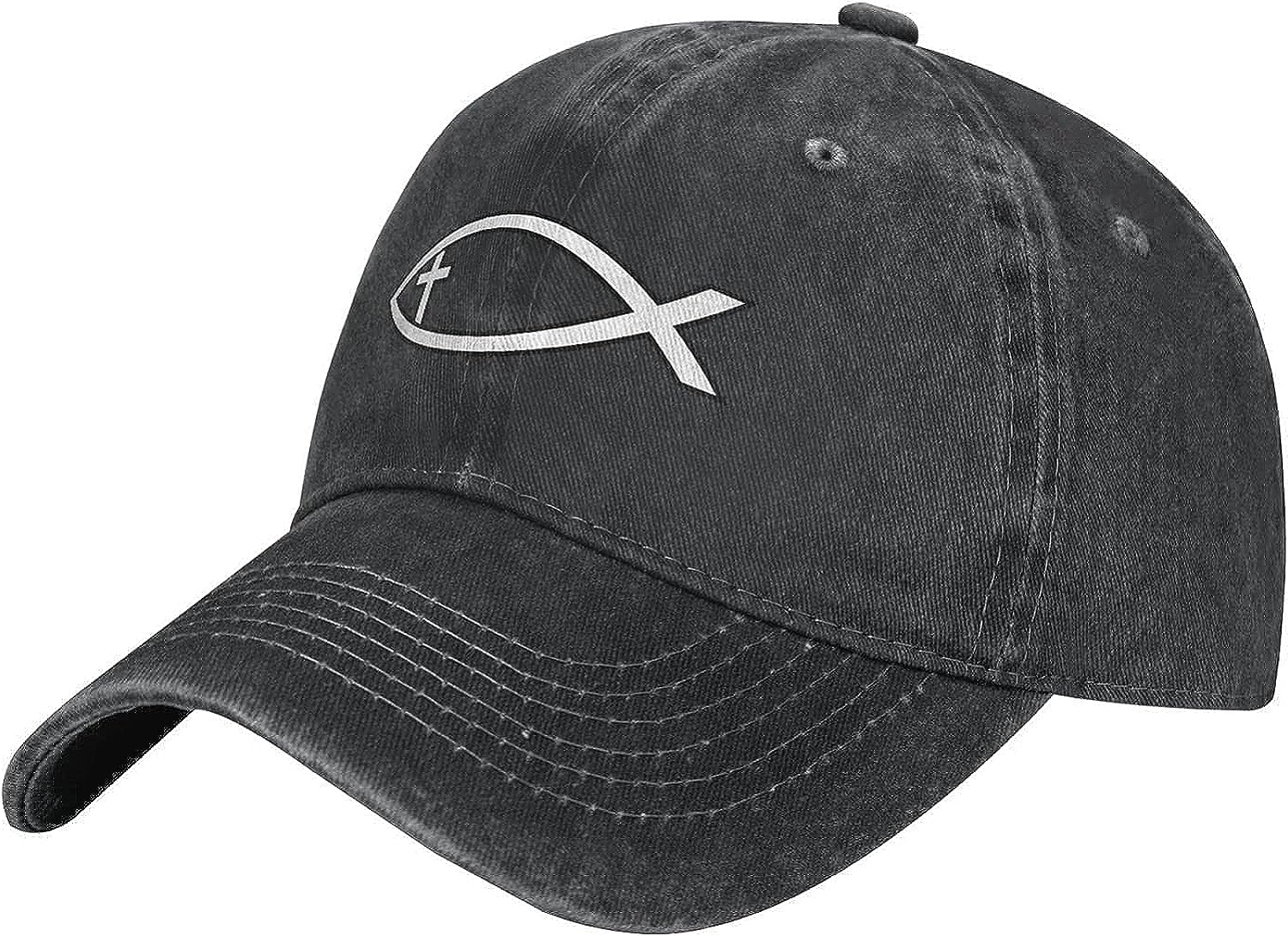 Nlwqekv Unisex Black Hat Ichthus With Cross Christian Fish Symbol Baseball Cap Women Men Dad Hat Golf Cowboy Hat Trucker Hat