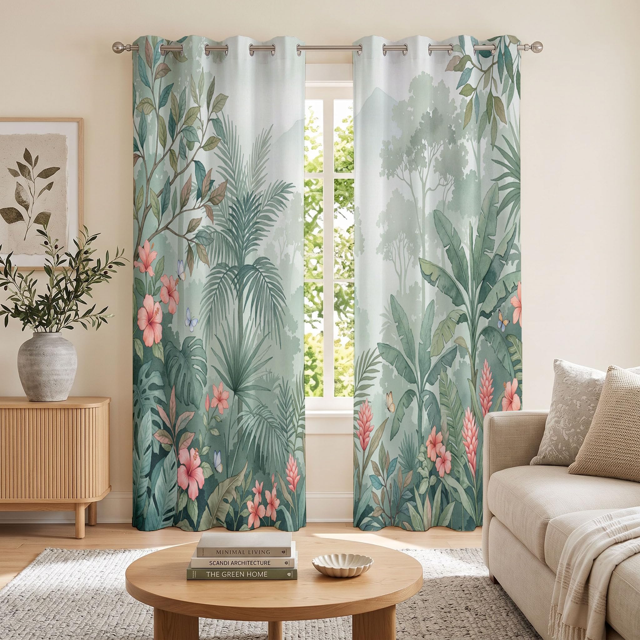 Rideau Occultants Fleurs De La Forêt Tropicale Humide Vert 140X220 Cm (Lxh) | Rideau Opaque Thermiques Palmier Brumeux pour Chambre d'enfant, Lot De 2 Draperies Intérieurs À Oeillets