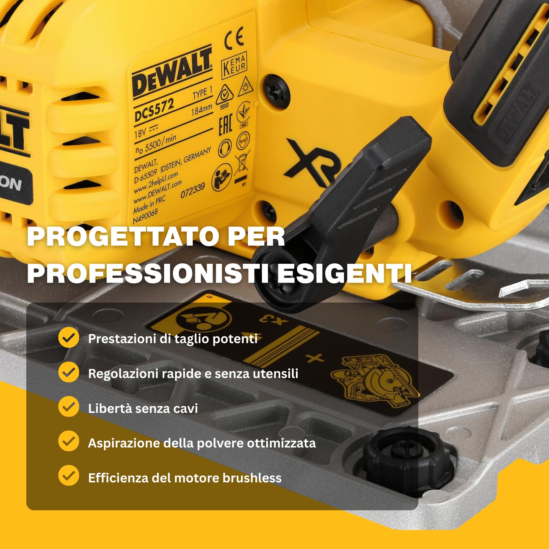 DEWALT XR 18V Sega circolare brushless con lama da 184 mm, taglio da 58 mm, LED e valigetta TSTAK, DCS572NT-XJ