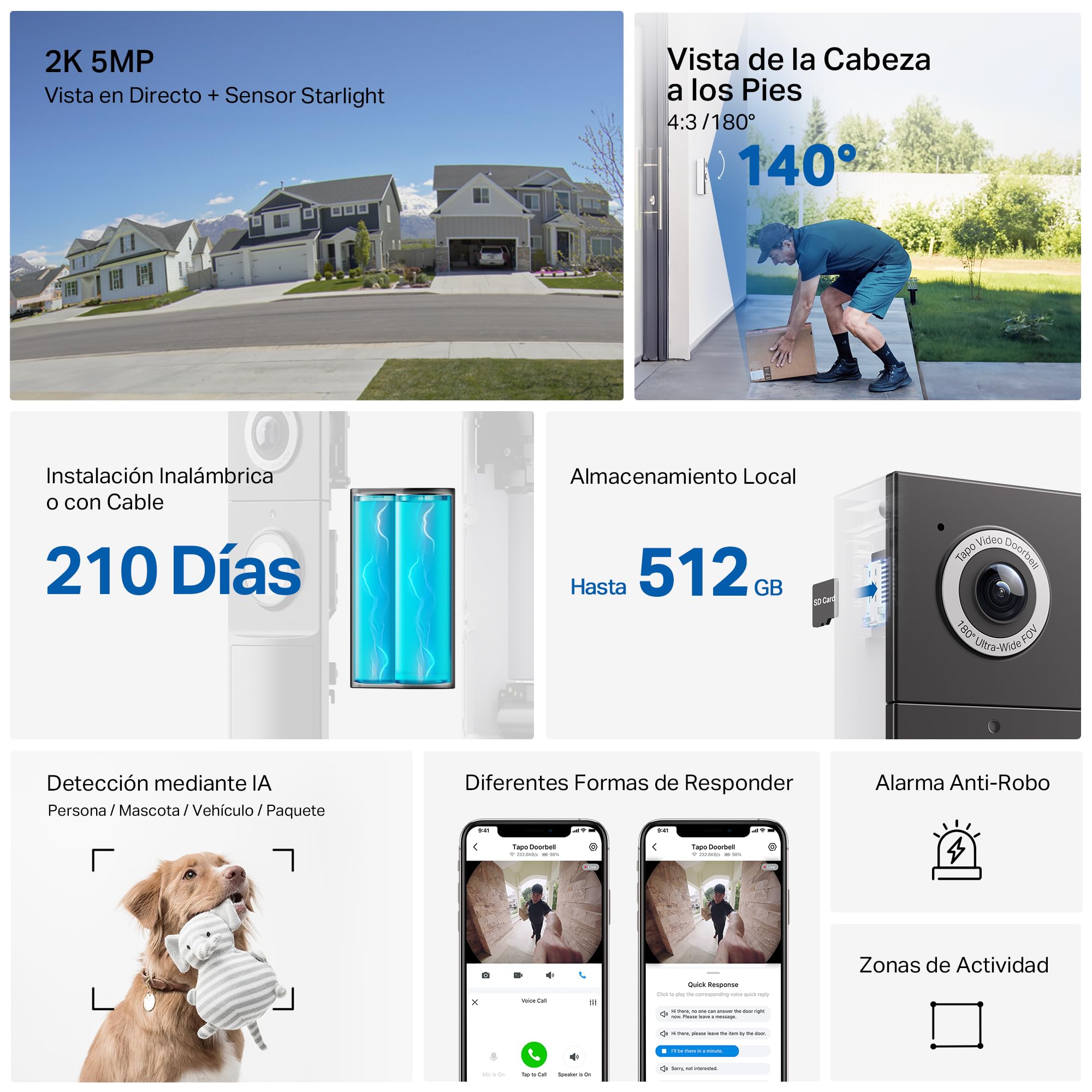 Tapo D235 - Timbre Inteligente con Cámara 2K 5MP, Visión Nocturna a Color, Audio Bidireccional, Detección Inteligente, Alimentación por Batería o Cable, Resistencia IP66