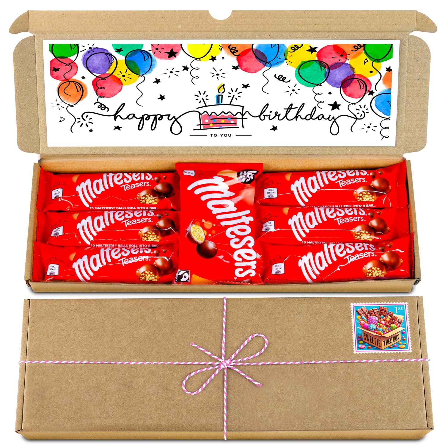 Chocolate Hamper | Letter box Chocolate Gift Selection Box | 7 Fullsize Malteser & Teaser Chocolate Treats | Ideal Gifts For Women, Men, Kids (Happy Birthday, Full Size)
