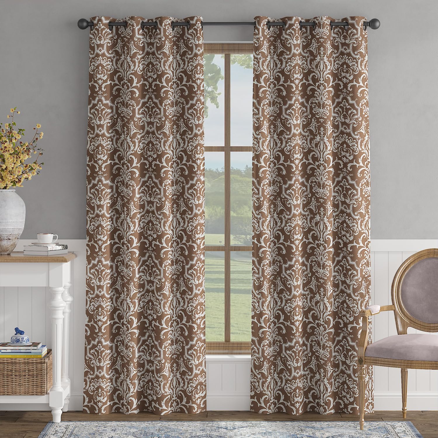 jinchan 95% Blackout Damask Curtains, Light Blocking Printed Baroque Drapes for Bedroom, 84 inches Long Brown Patterned Curtains for Living Room, Grommet Thermal Insulated Blackout 2 Panels