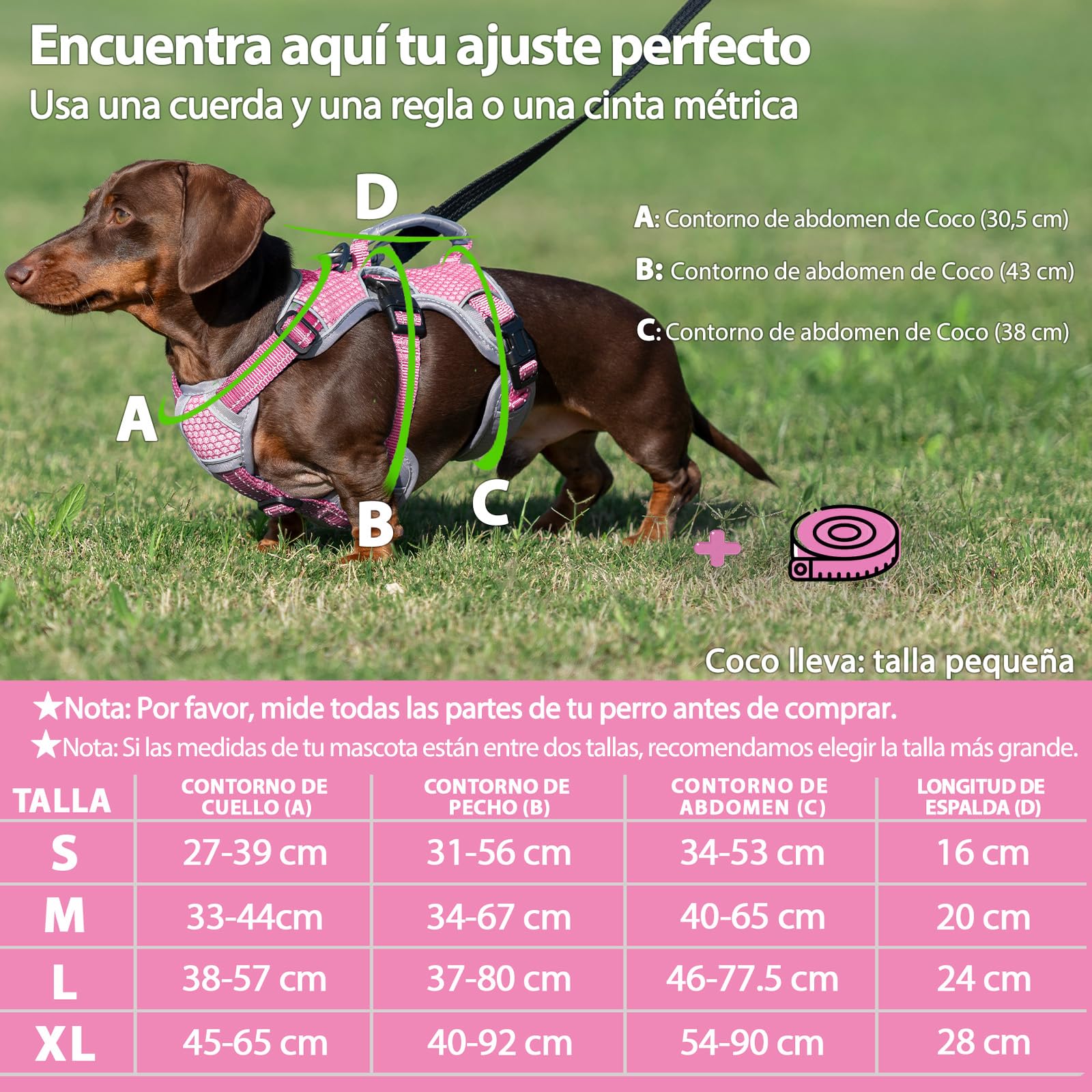 Huntboo Arnes Perro Pequeño Mediano Grande, Arnes Antiescape Perro, Arnés Reflectante para Perros con Asa, Reflectante, Chaleco Ajustable para Caminar, Equipamiento Correr(Rosa,L)