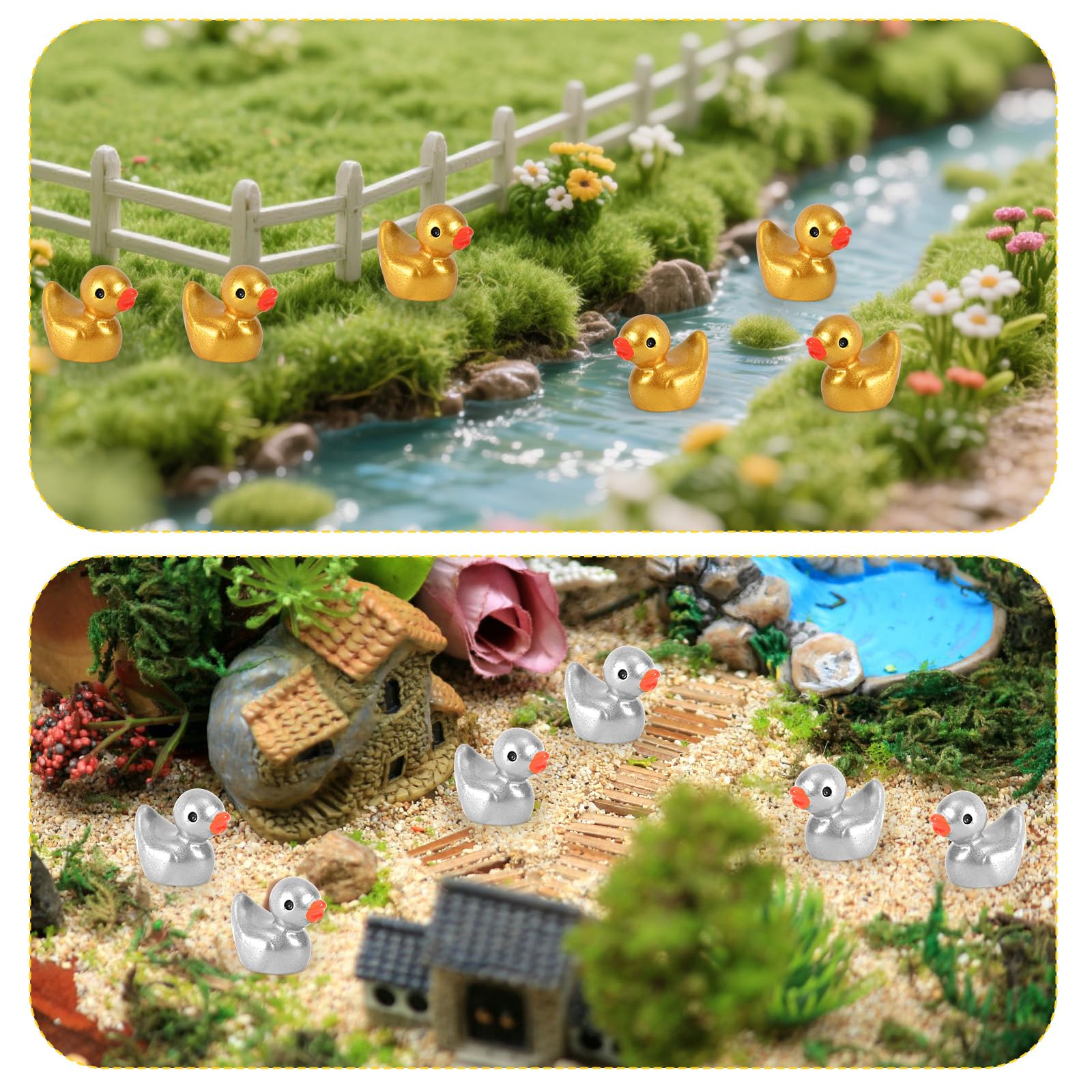 50 Sztuk Złoto & Srebro Mini Żywica Kaczka Figurki, Maleńkie Słodkie Miniaturowe Kaczki Posąg dla Wróżka Ogród Mikro Krajobraz Tort Topper DIY Dekoracja