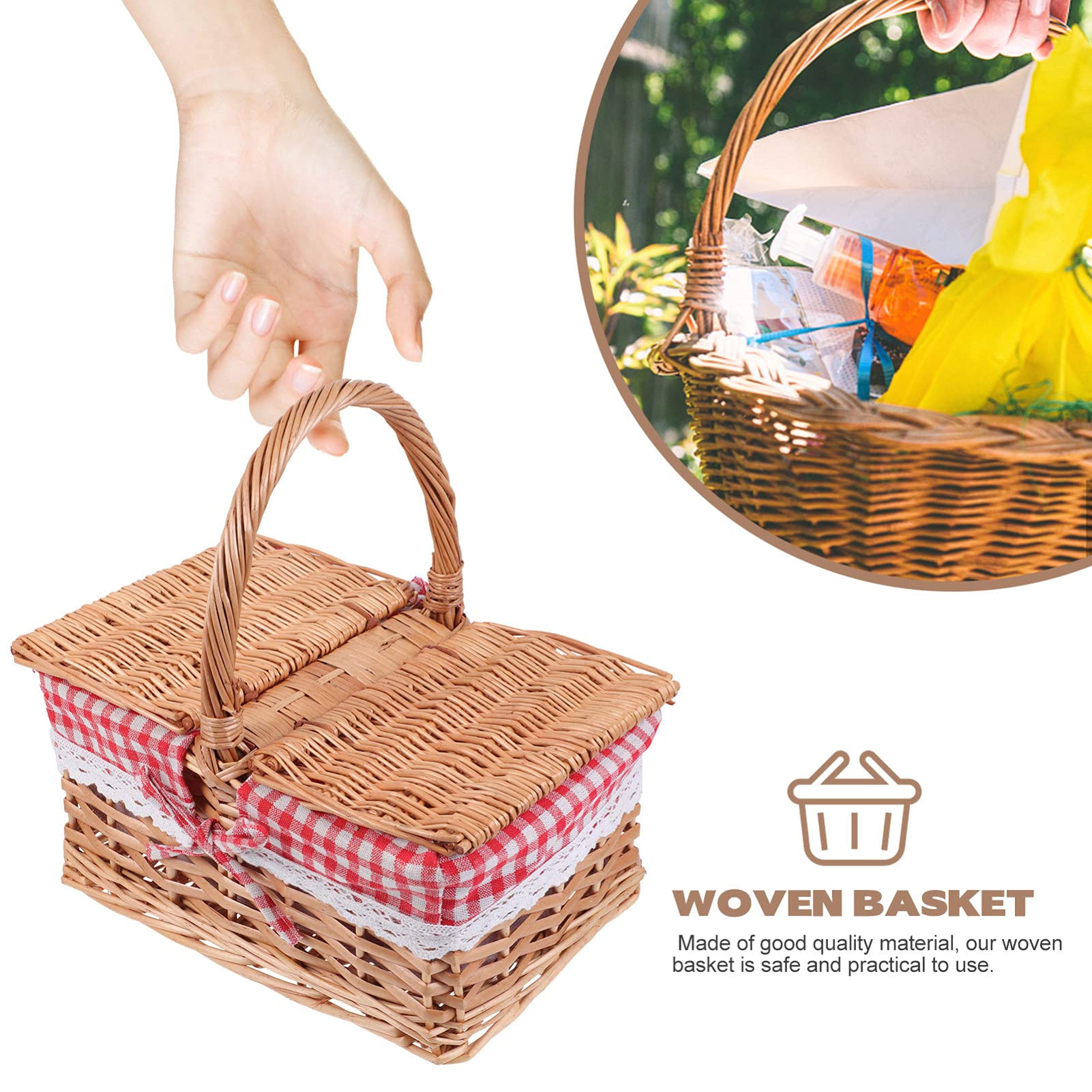 Kosze piknikowe Kosze plecione z uchwytami Kosz piknikowy do przechowywania z pokrywką Ozdoby wiejskie Rękodzieło na piknik na świeżym powietrzu Upominki na，