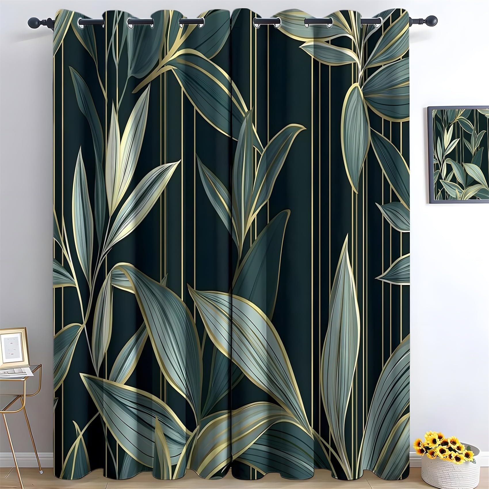 KaiHeBeding Tropical Leaf Pattern Blackout Curtains for Bedroom - Greenery & Gold Lines Living Room Curtains 46x90 Eyelet - Soft Thermal Insulated Patterned Drapes for Windows - 2 Panels