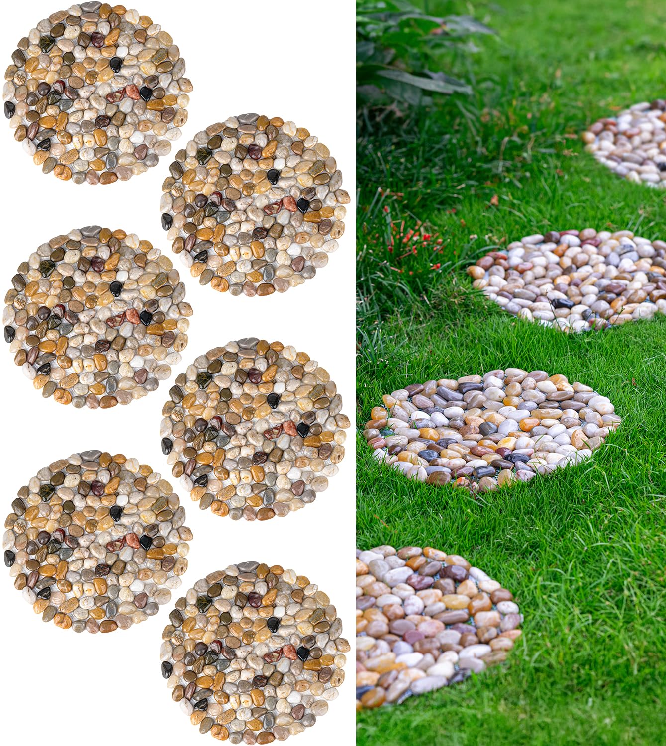 6 PCS River Rock Stepping Stones Outdoor, 12 Inch Diameter Round Pavers Pebbles Polished Gravel for Garden Walkway