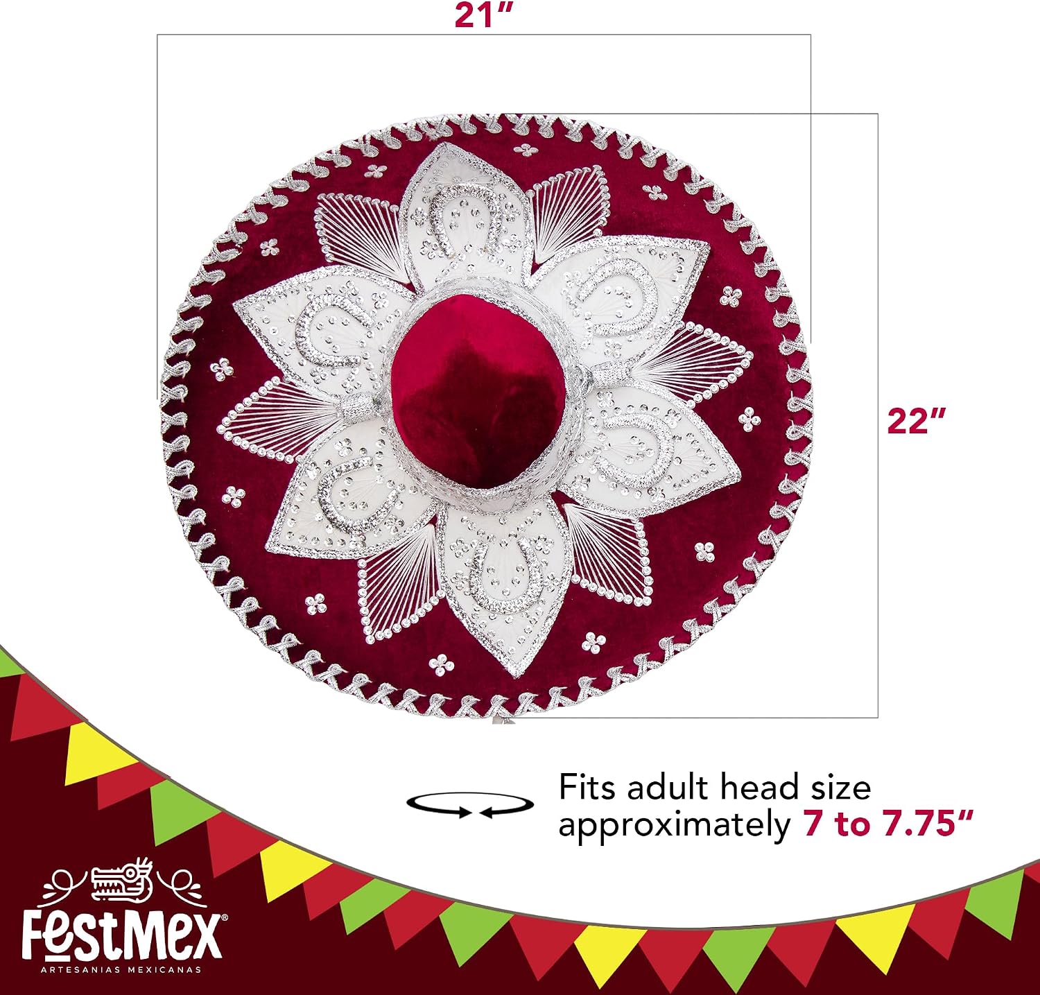 Authentic Adult Mexican Sombrero Mariachi Charro Hat, Mexican Hat for Costume Parties, 5 de Mayo, 16 de Septiembre (Burgandy and White)