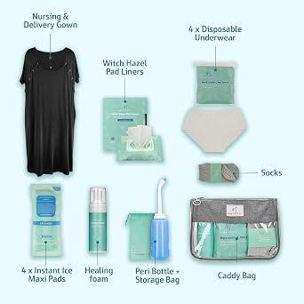 Postpartum Care Kit for Mom (14-Piece) - Includes Labor and Delivery Gown, Peri Bottle, Witch Hazel Foam, Pad Liners & More! with Hospital Essentials for Women After Birth