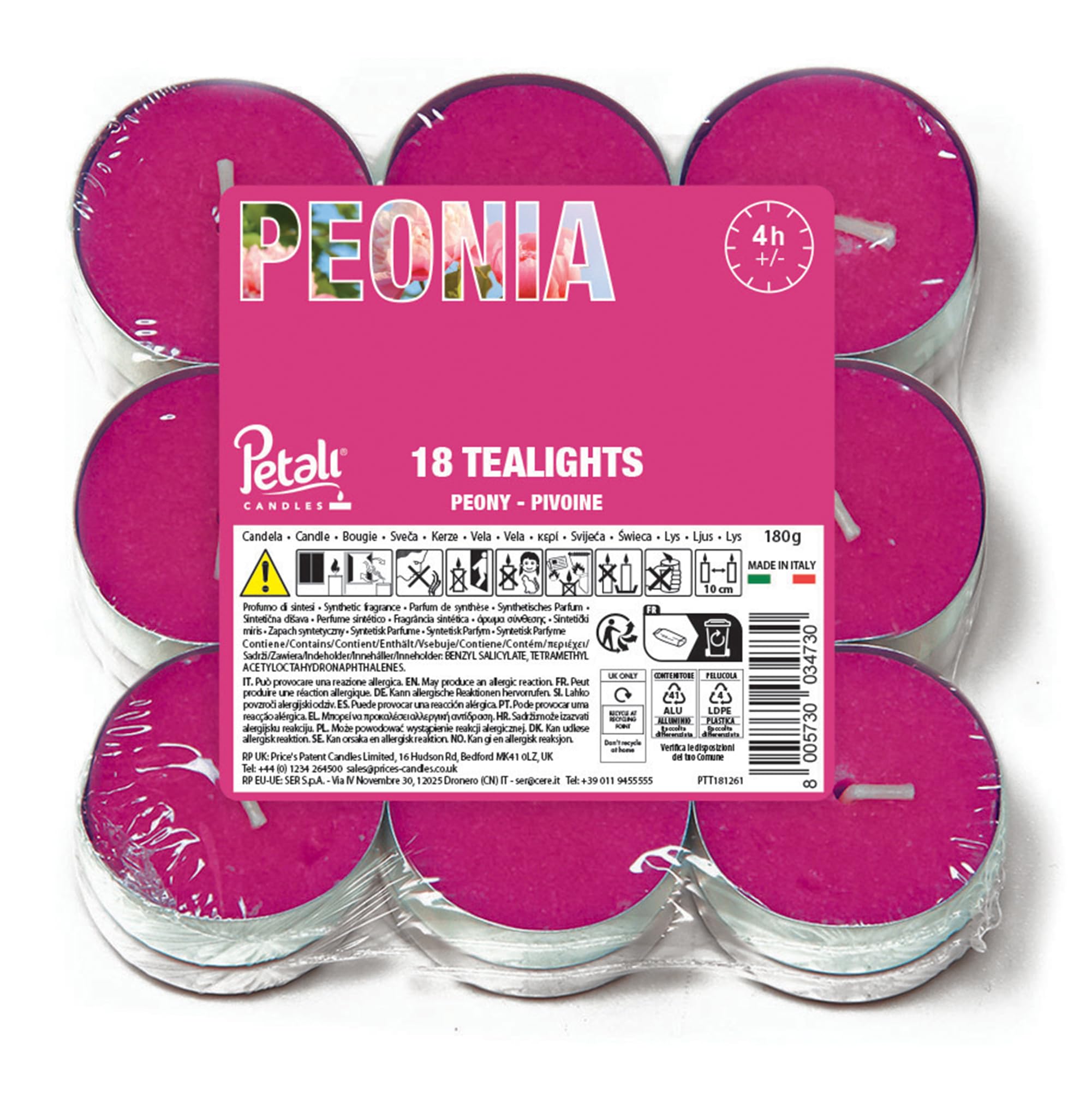 Price's Candles Petali Range Peony Pack of 18 Scented Tea Lights Long Burning Tealight Candles for Home Décor Events Relaxation and Gifting