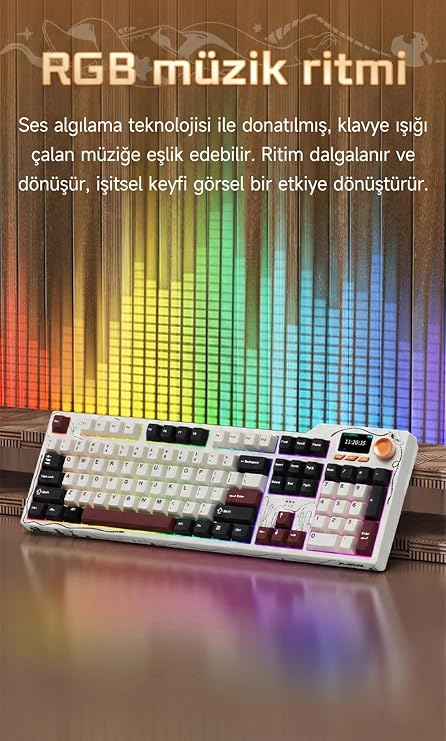 Coverzone AJAZZ AK35I V4 Kablosuz Mekanik Klavye, Akıllı Ekran, RGB Aydınlatma, 3 Bağlantı Modu, Programlanabilir Yazılım, Hot-Swappable Tuşlar, 10000mAh (Ak35i V4 - Sarı Siyah)