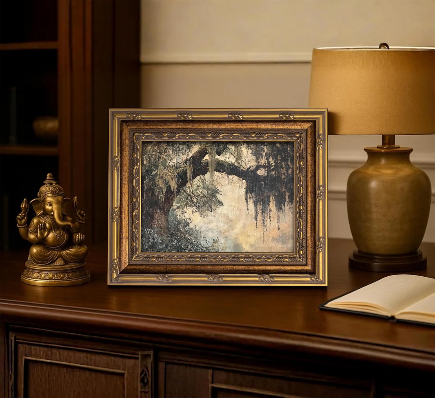 Vintage Gold Framed Vintage Oak Tree Wall Art Retro Landscape Canvas Wall Decor Oak Tree Moss Artwork Picture Retro Rustic Tree Poster Print for Home Living Bedroom Farmhouse Hallway