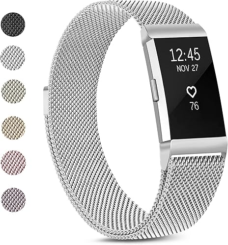 VANCLE Correa de metal compatible con Fitbit Charge 2 para mujeres y hombres, malla de acero inoxidable transpirable con cierre magnético ajustable