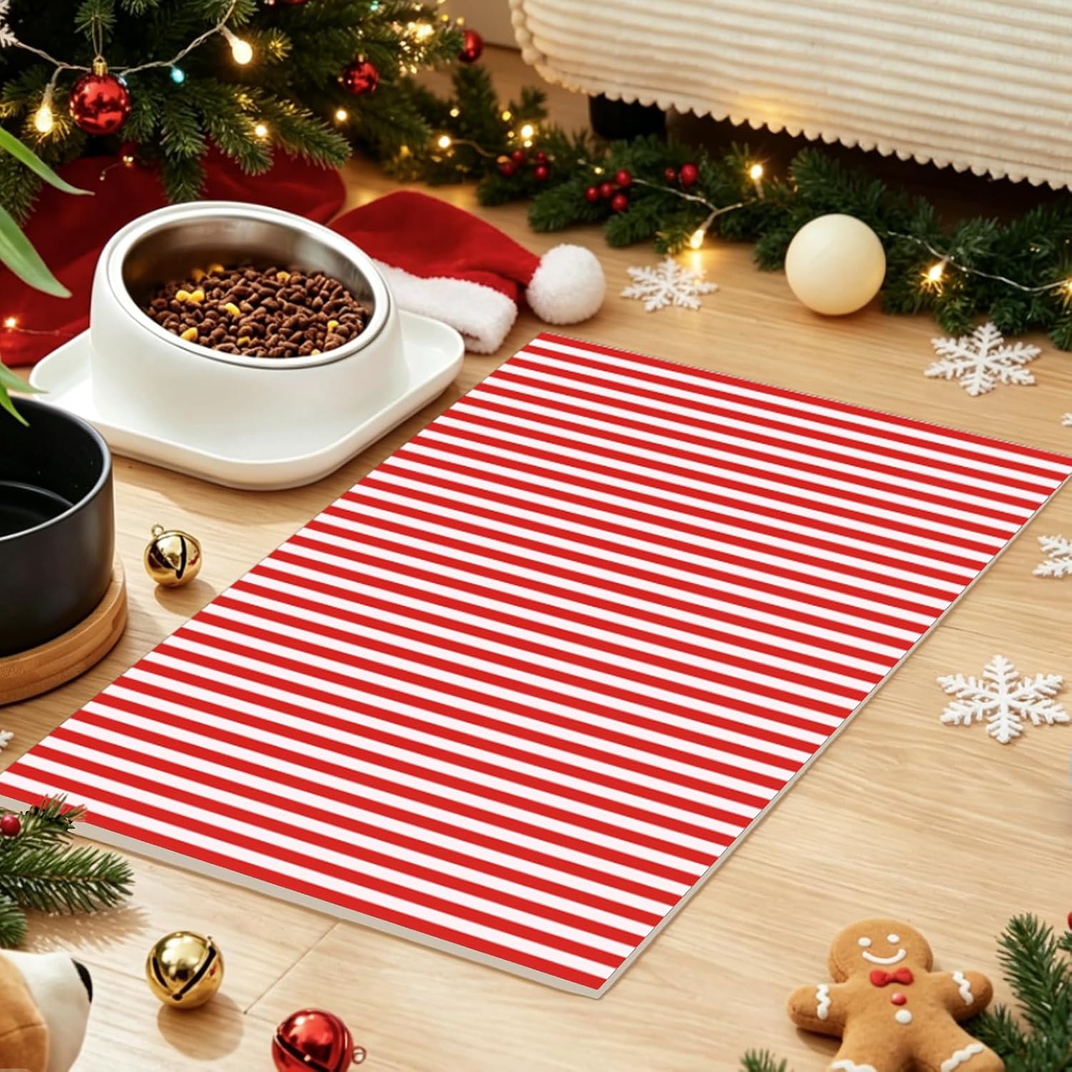 AnyDesign Christmas Pet Food Mat Red White Striped Dog Feeding Placemat Anti-Slip Waterproof Cat Feeder Pad for Xmas Pets Cats Indoor Outdoor Supplies, 12 x 20 in