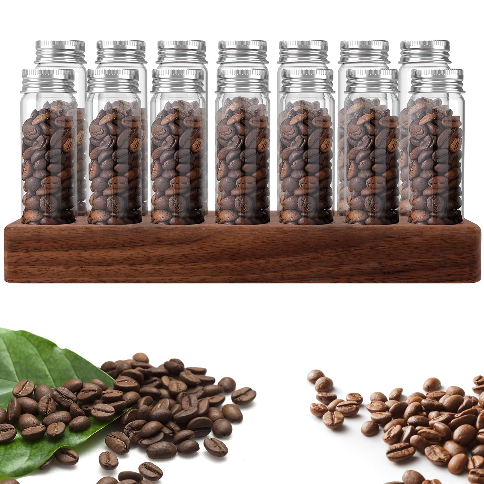 Foribyw Transparent, Brown Single Dose Coffee Bean Storage Tubes Coffee Bean Dispenser, 14Pcs Sealed Glass Test Tubes With Walnut Wood Display Stand & Lids, Multipurpose Sealed Coffee Bean Glass Vials For Coffee Bean Spice