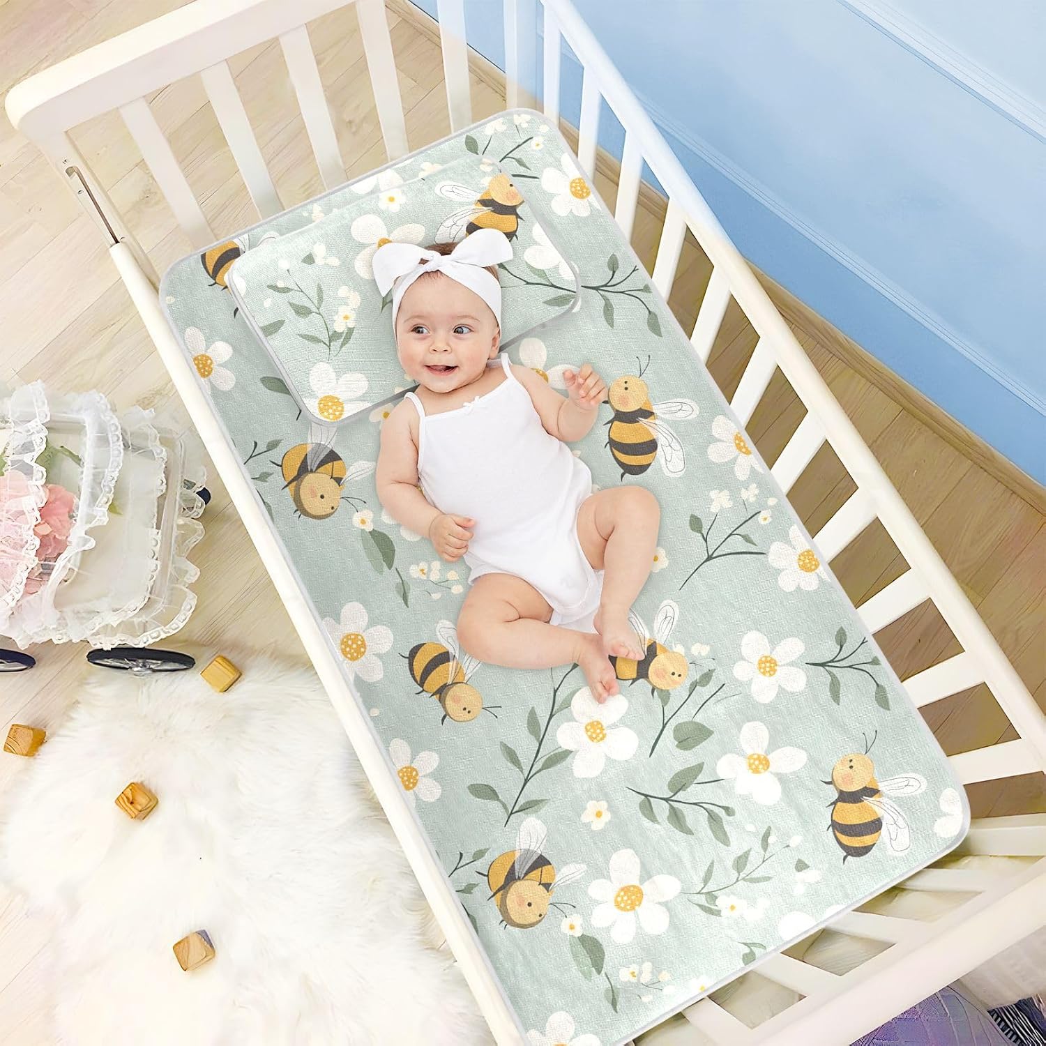Bolaz Summer Sleeping Bed Pad, White Flower Bee Pattern Cooling Mattress Set Breathable Bed Mat Ice Silk Mat + Pillow Cover for Toddler Boys Girls