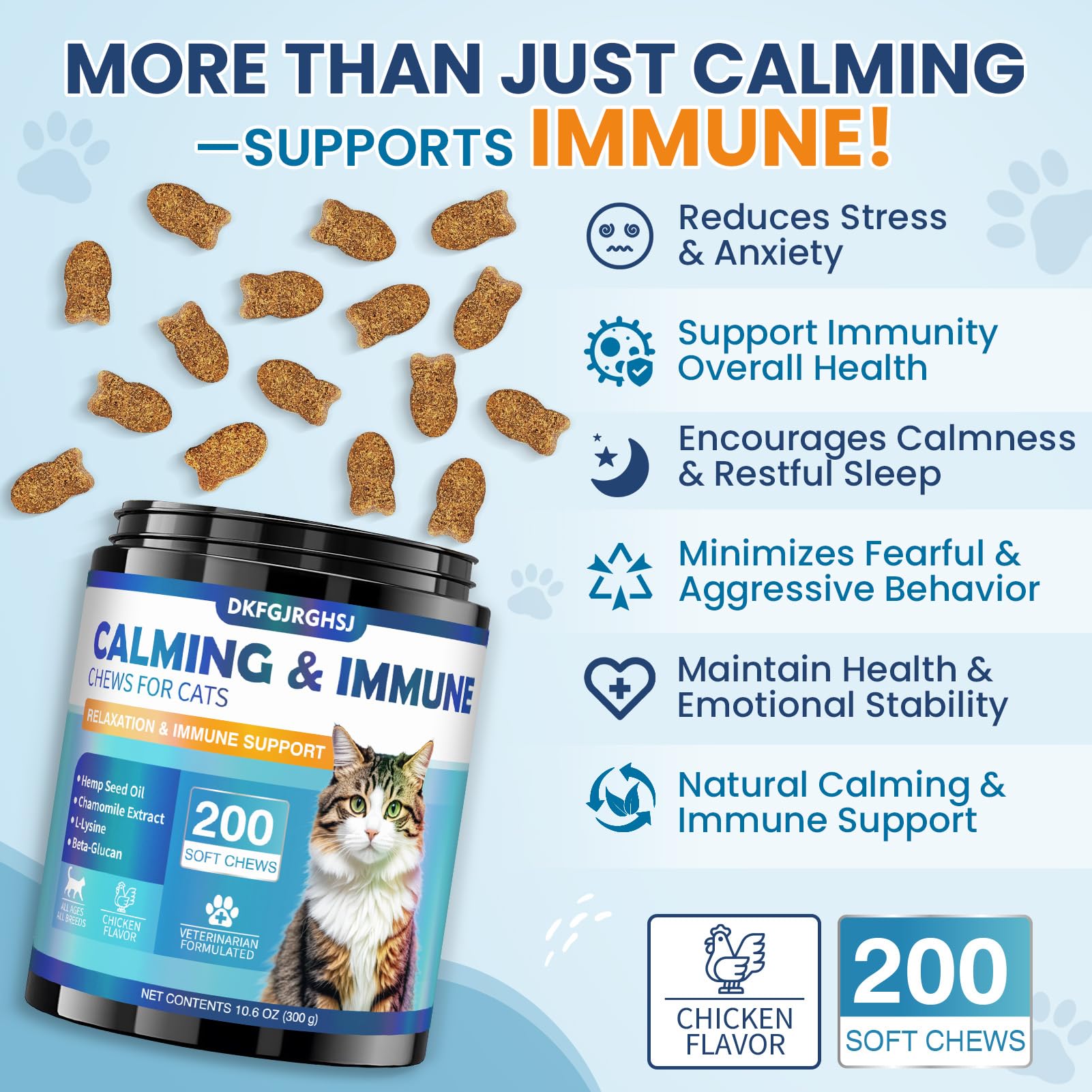 Cat Calming Treats, 200 Hemp Calm Soft Chews to Soothe Stressed Cats Anxiety Relief & Immune Support Chicken Flavored - image 2