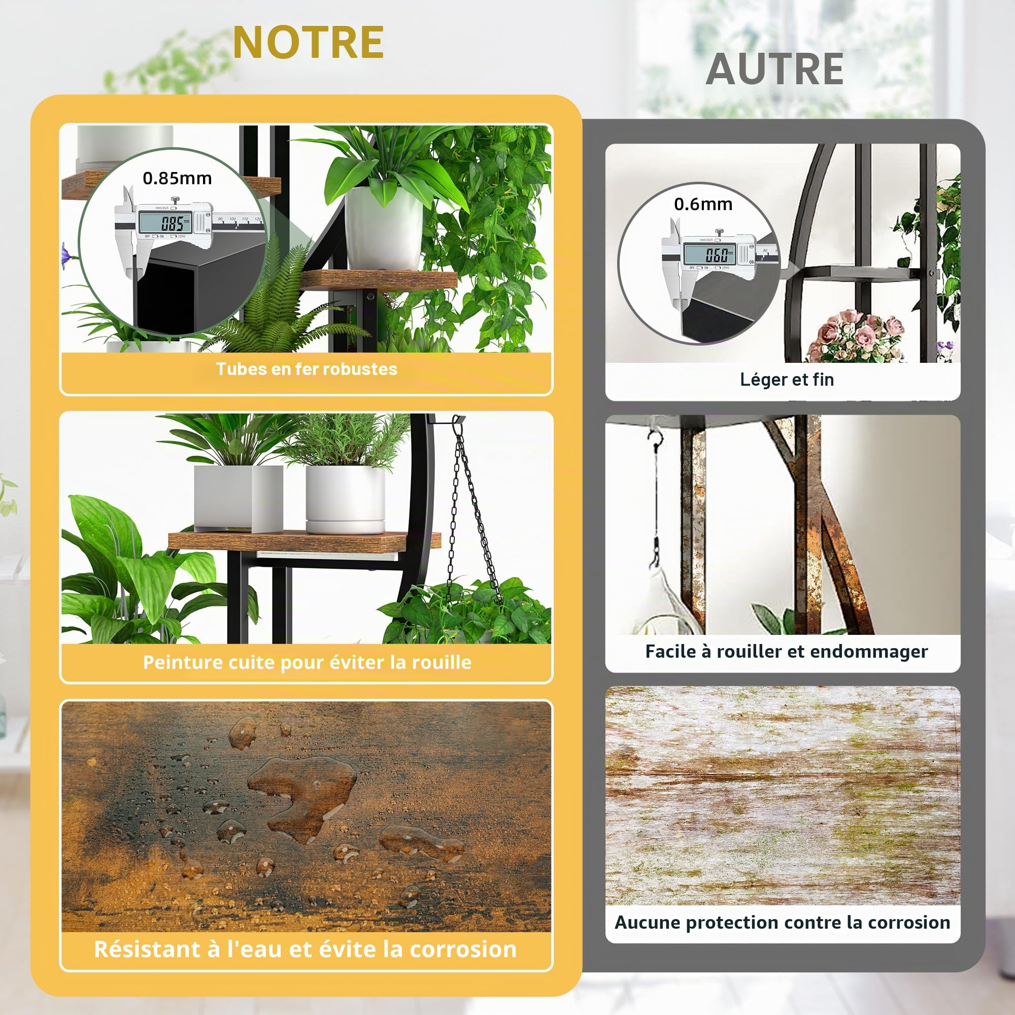 BACEKOLL Support Plantes Intérieur avec Lampe de Croissance, Étagère Plante 7 Niveaux et 14 Tablettes, Porte Plante Métal et Bois pour Salon, Balcon, Entrée, Fenêtre, Lot de 2