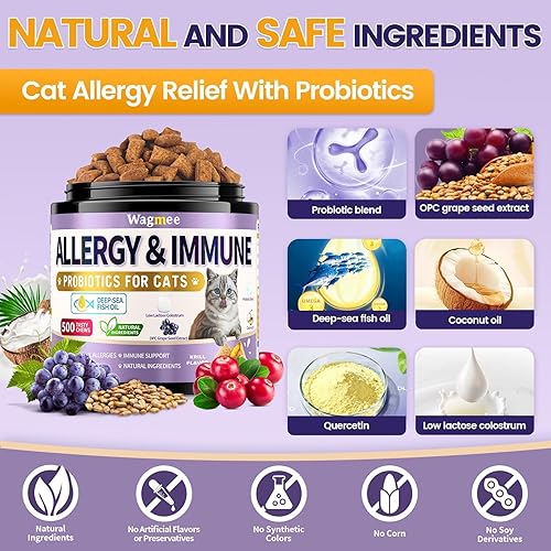 Miniatura 3 de Alivio de alergias en gatos con probióticos y aceite de pescado – 500 masticables crujientes y cremosos para picazón en la piel, alergias