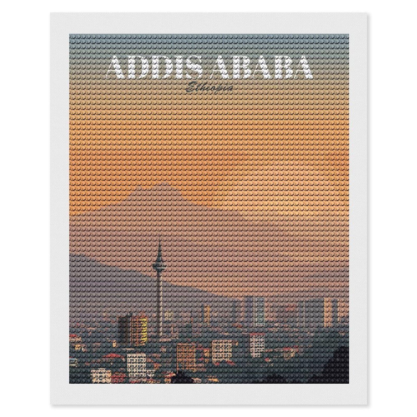Junmoney Addis Ababa, Ethiopia Cityscape Art Diamond Painting Set 16"x20", Holiday Gift Idea, for Creative Relaxation, Fun Craft Experience, Vintage Style Decor