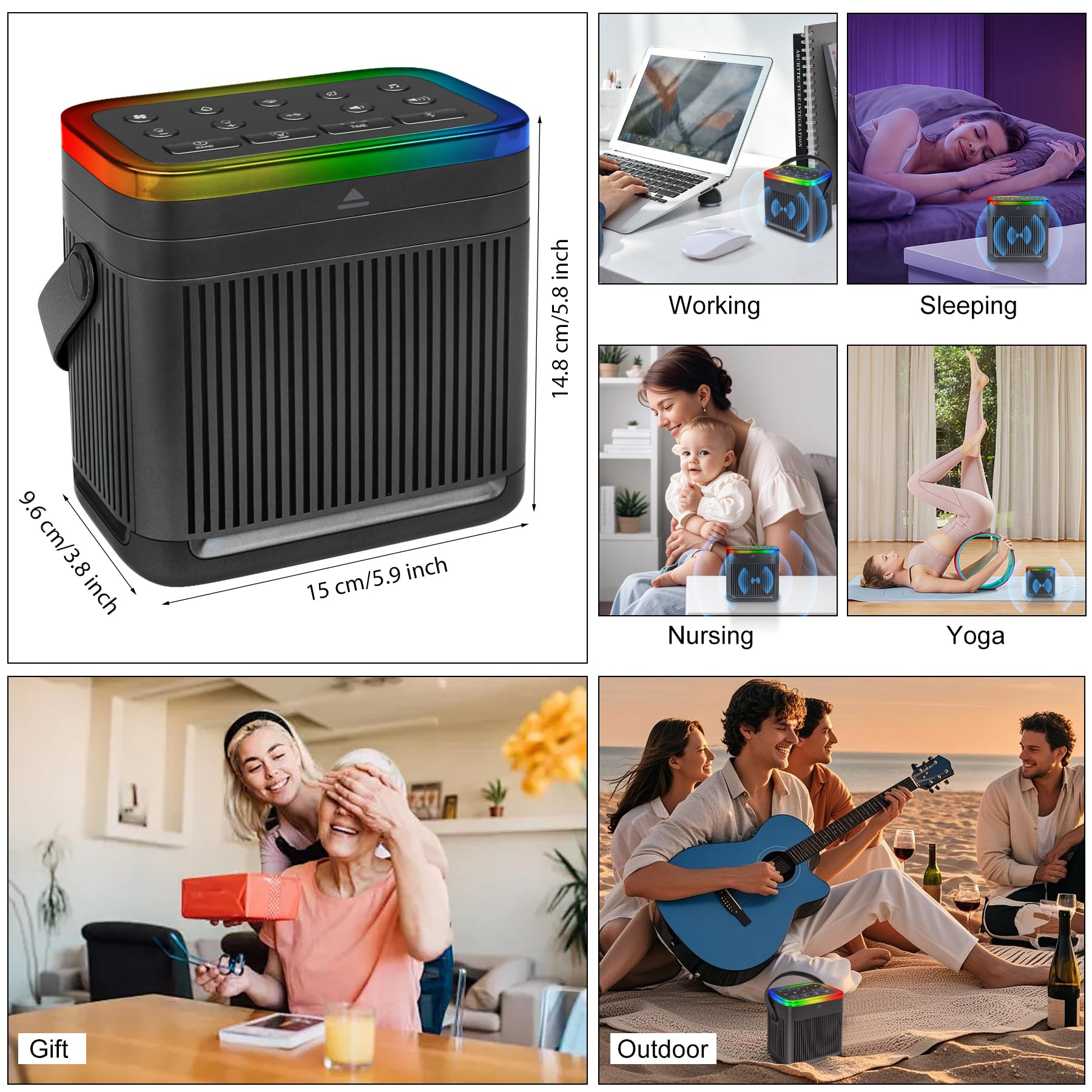 Geräusch-Maschine mit weißem Rauschen, tragbare Geräusch-Maschinen mit 7 Farben, Nachtlichtern, 70 beruhigende Geräusche, Bluetooth-Lautsprecher, Speicherfunktion, braunes Rauschen für Babys, Kinder