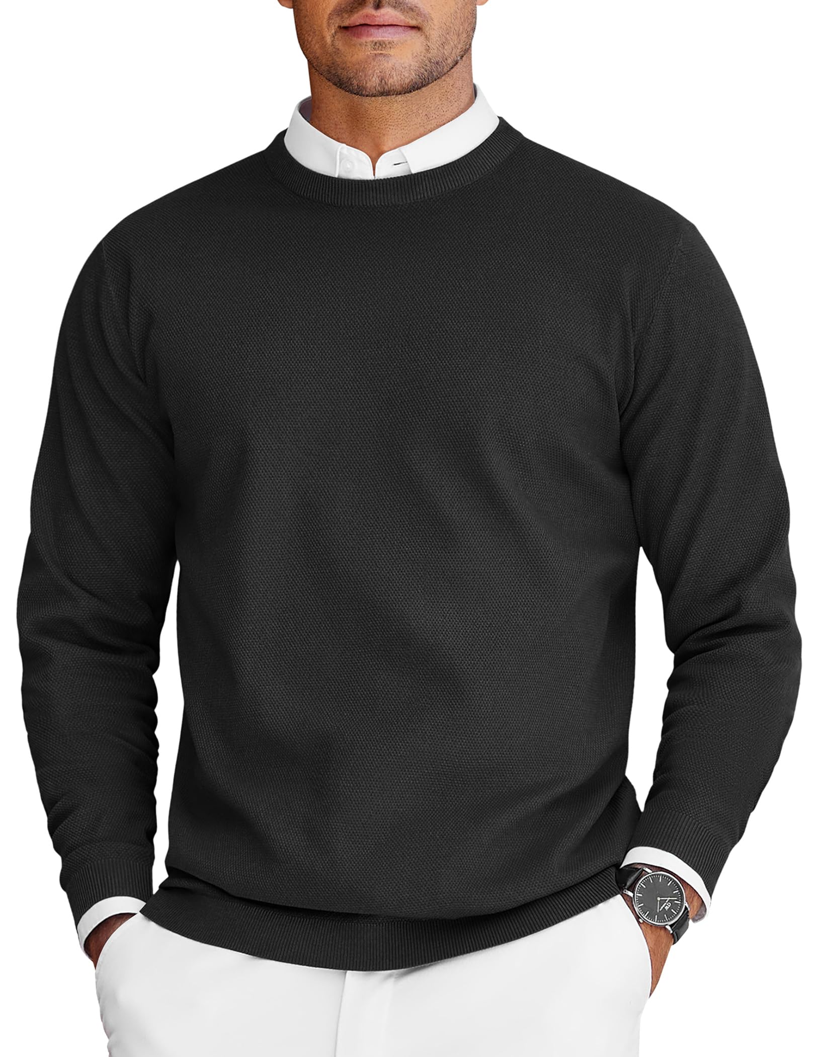 Mens Crew Neck Sweaters Long Sleeve Lightweight Knit Dress Pullover Sweaters