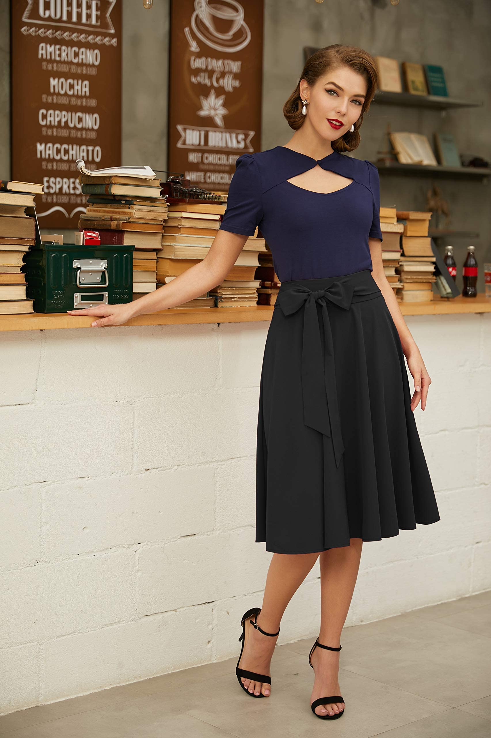 Belle Poque - Damenrock mit hoher Taille und Taschen, ausgestellt, A-Linie, Midi-Rock