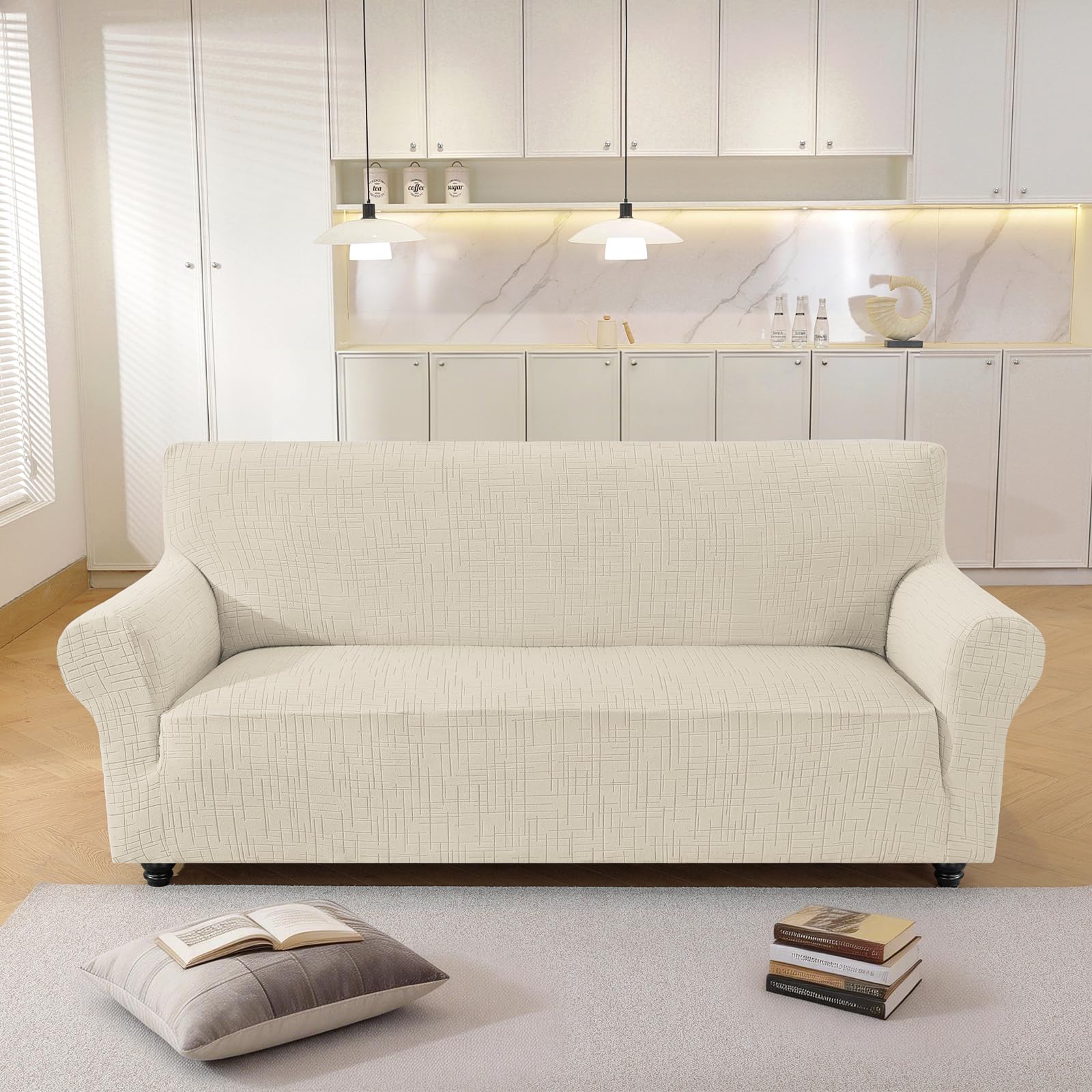 YSTELLAA Sofa Überzug 3 Sitzer Stretch, Kratzfester Sofabezug rutschfest Mit Armlehne, Universal Couch Überzug Dicke, Sofa Cover Waschbare, Für Wohnzimmer, Beige