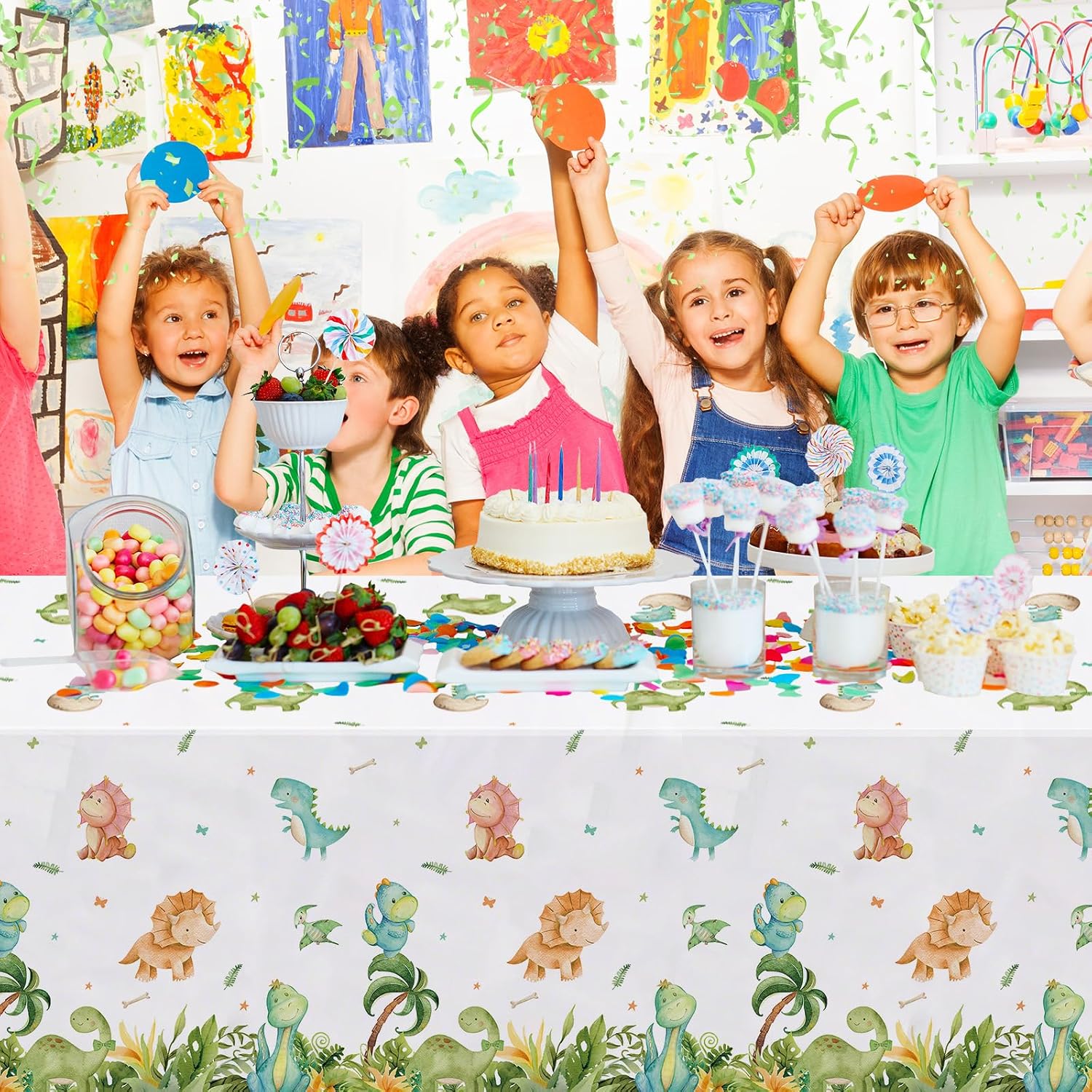 AIBIIN 3Pcs Dinosaur Birthday Tablecloths Disposable Dinosaur Baby Shower Party Decorations Watercolor Dino Theme Party Supplies for Boys Kids