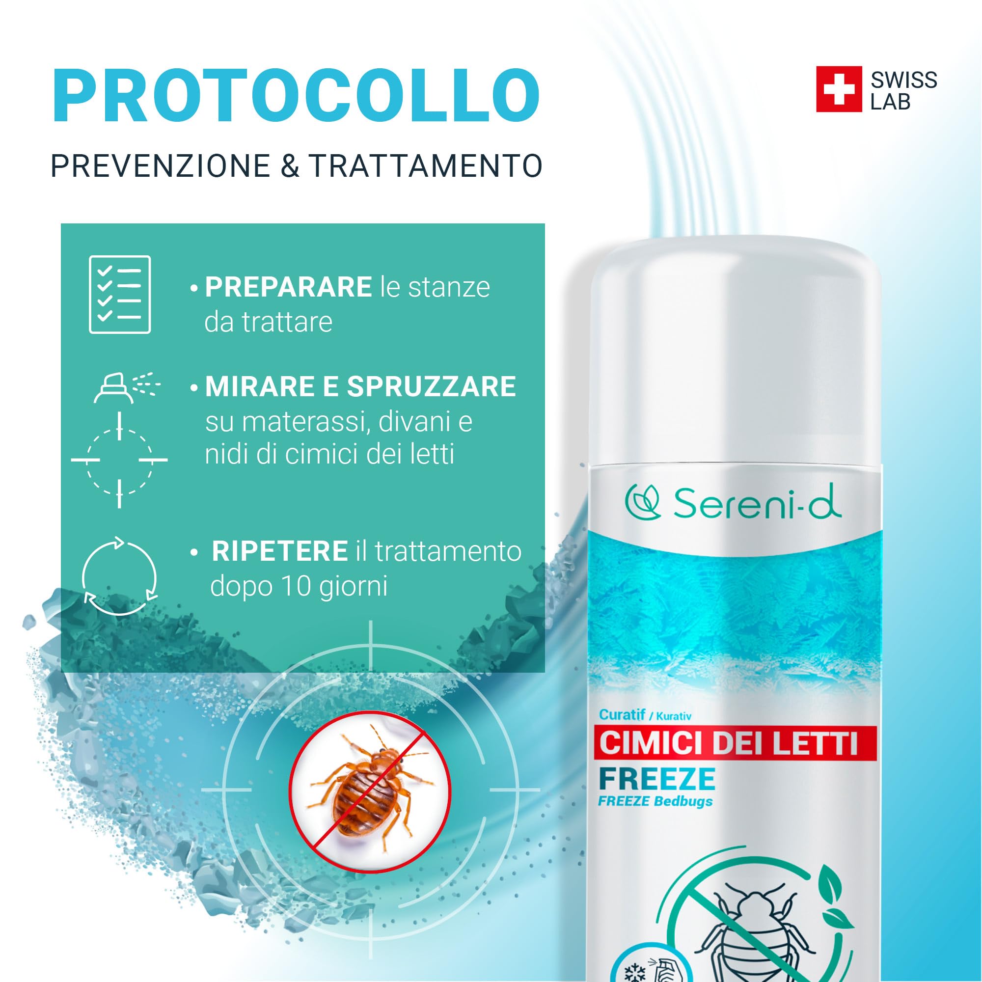 FREEZE CIMICI DA LETTO – TRATTAMENTO NATURALE FULMINANTE – L'azione FREEZE uccide le cimici da letto (uova, larve e adulti) con il freddo – Azione IMMEDIATA ed EFFICACE – Swiss Lab
