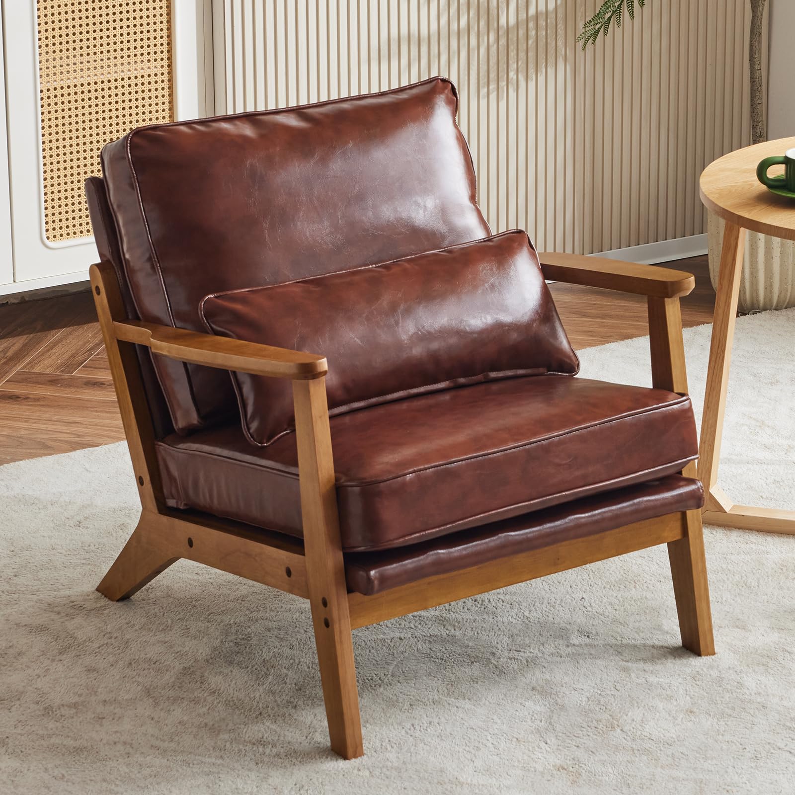 Bonnlo Accent Chair, Soild Wood Padding Lounge Armchairs, Occasional Reading Chair with Cushions and Lumbar Pillow, Armchairs for Living Room, Bedroom, Guest Room, Wide Arm, Leather, Dark Brown โ image 1