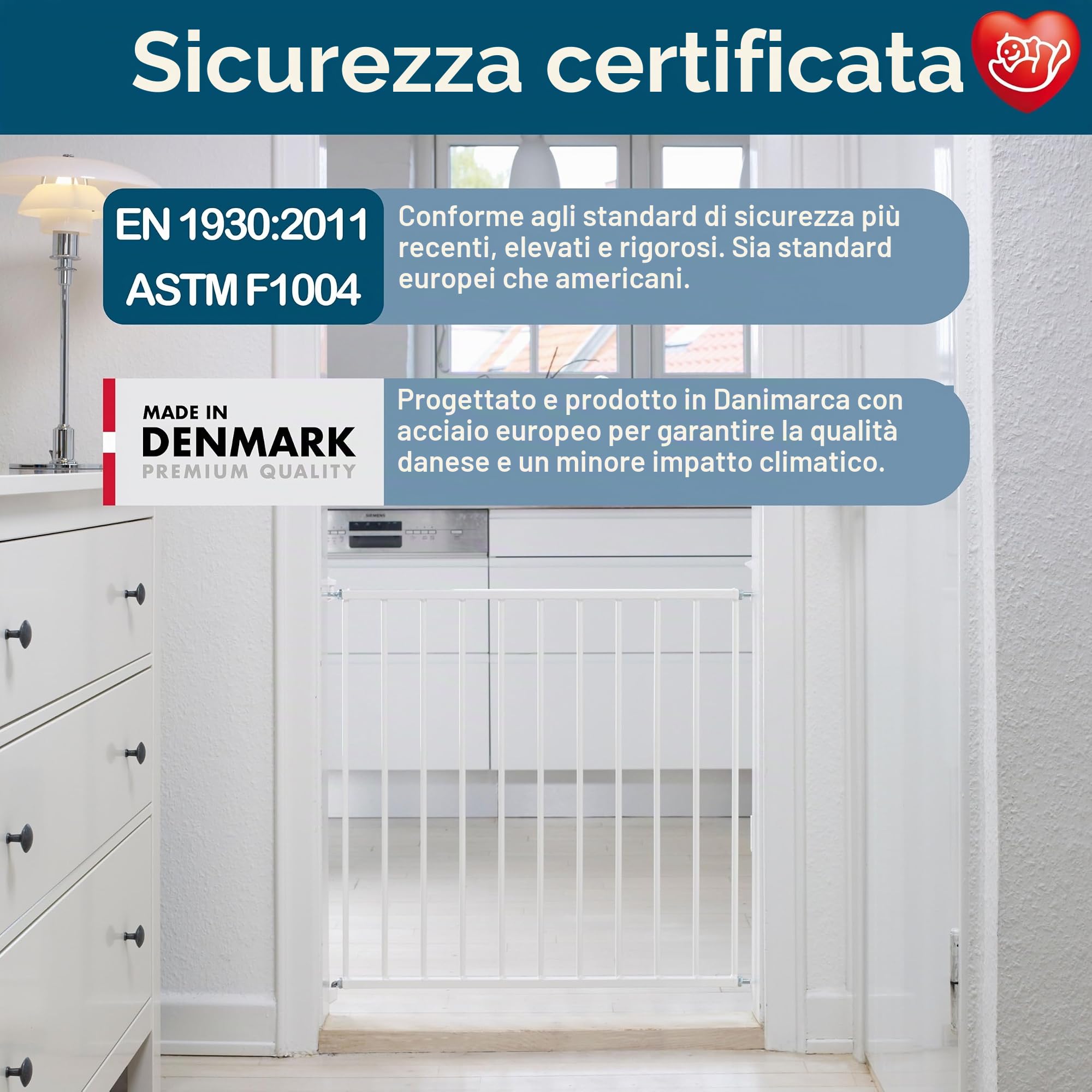 BabyDan Aarhus, 72-78. 5 cm, Cancelletto di base per scale/cancello per bambini, metallo, bianco, Made in Denmark - (Cancelletto per animali domestici)