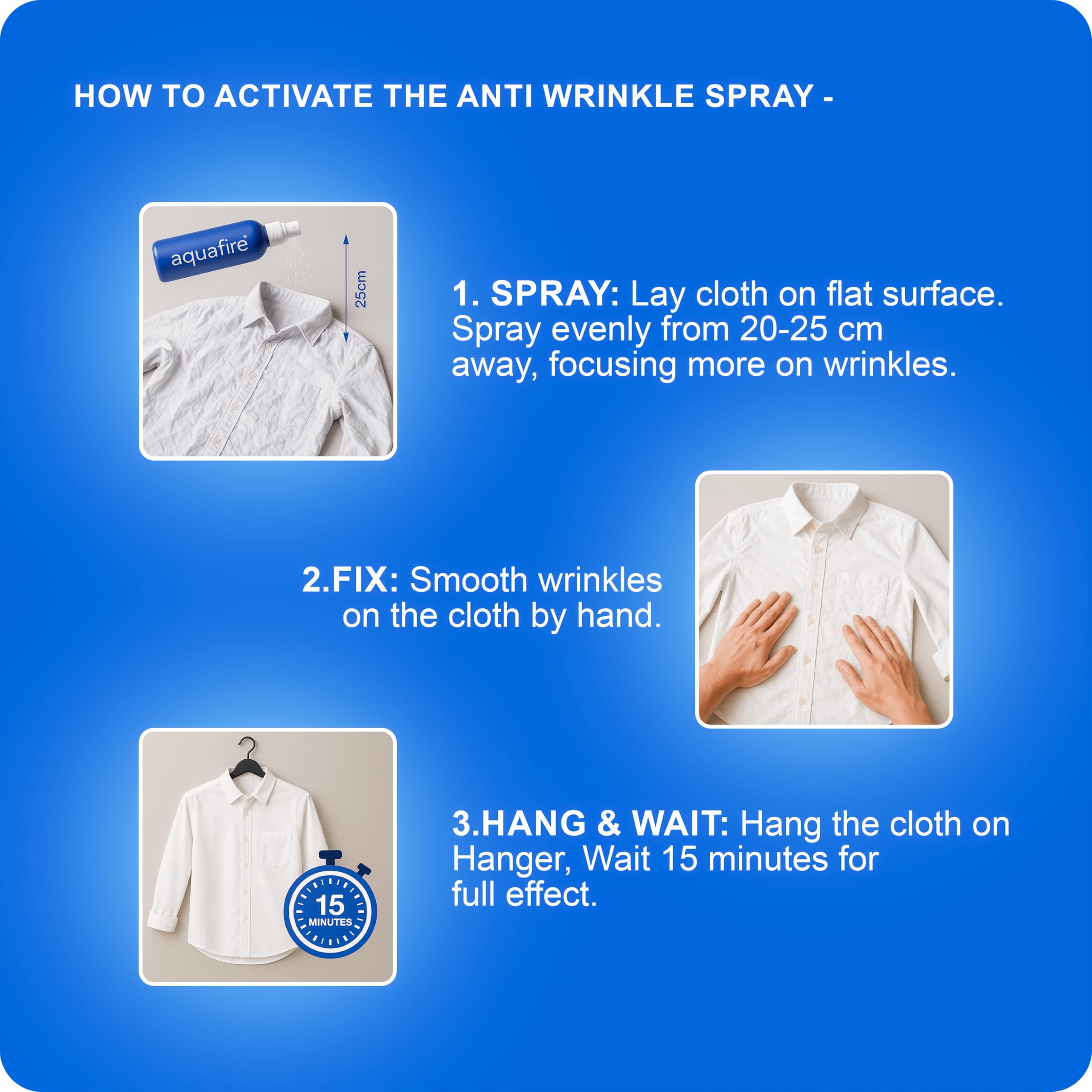 Aquafire Instant Anti Wrinkle Spray, No Iron Needed, Fabric Refresher with Odour Eliminator, Made in India (Pack of 1) 1