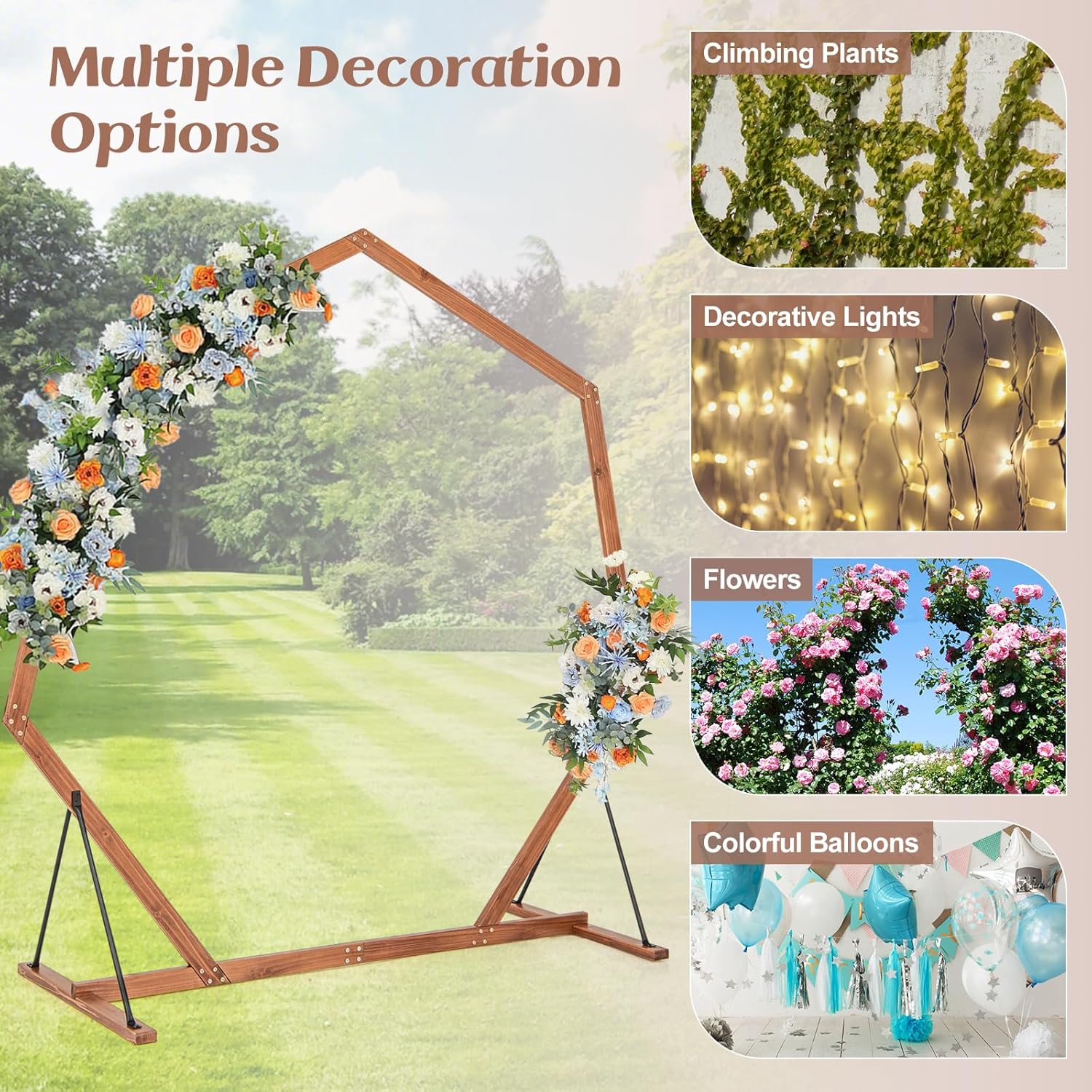 Moccha Wedding Arch, 7 FT Wooden Arch Backdrop Stand, Outdoor Archway Pergola, Garden Arbor Trellis for Climbing Plants Flower Balloon, Rustic Wedding Decorations for Home Party Ceremony, Heptagon