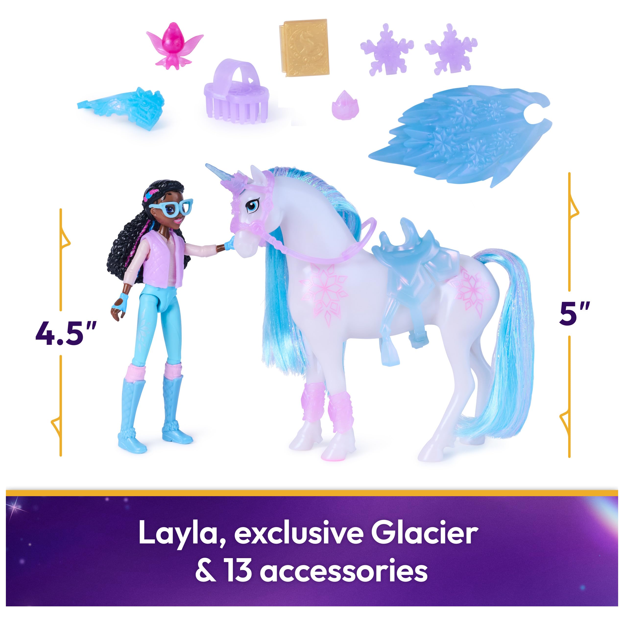 Unicorn Academy, Glacier's Gemstone Adventure con Bambola Layla e 13 Accessori, Bambole e unicorni Giocattolo per Bambine dai 4 Anni in su