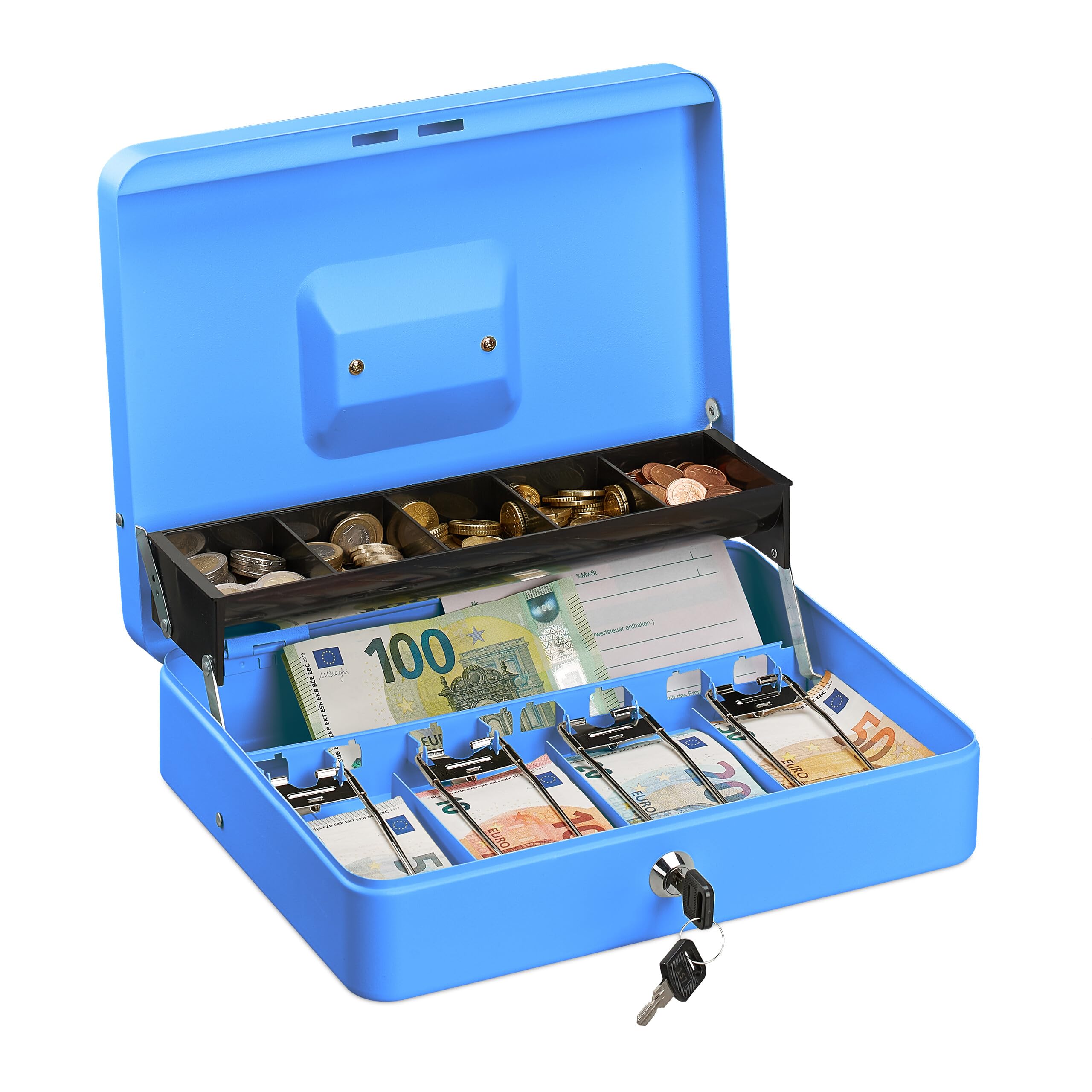 Relaxdays Cash Box, Coin Counter Tray Lockable Portable Change & Notes, H x W x D: 8.5 x 30.5 x 24.5 cm, Iron, Blue