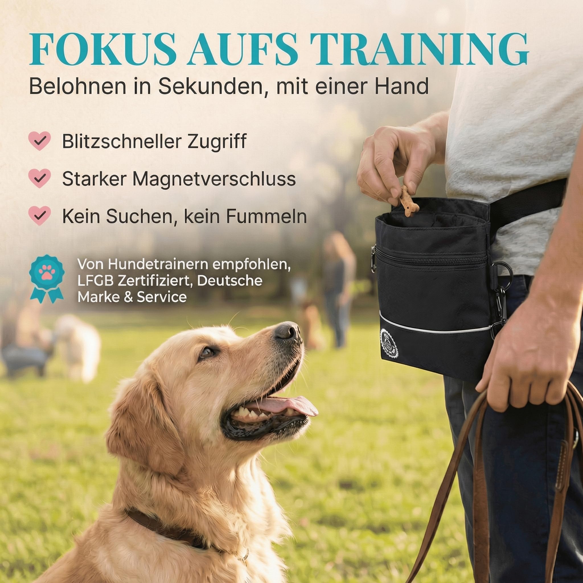 HUND IST KÖNIG Leckerlietasche für Hunde mit Einhand-Magnet-Verschluss, 2 Zip-Fächer, herausnehmbare Innentasche, Leckerlibeutel für Hunde fürs Gassi & Hundetraining, inkl. Trainings-eBook