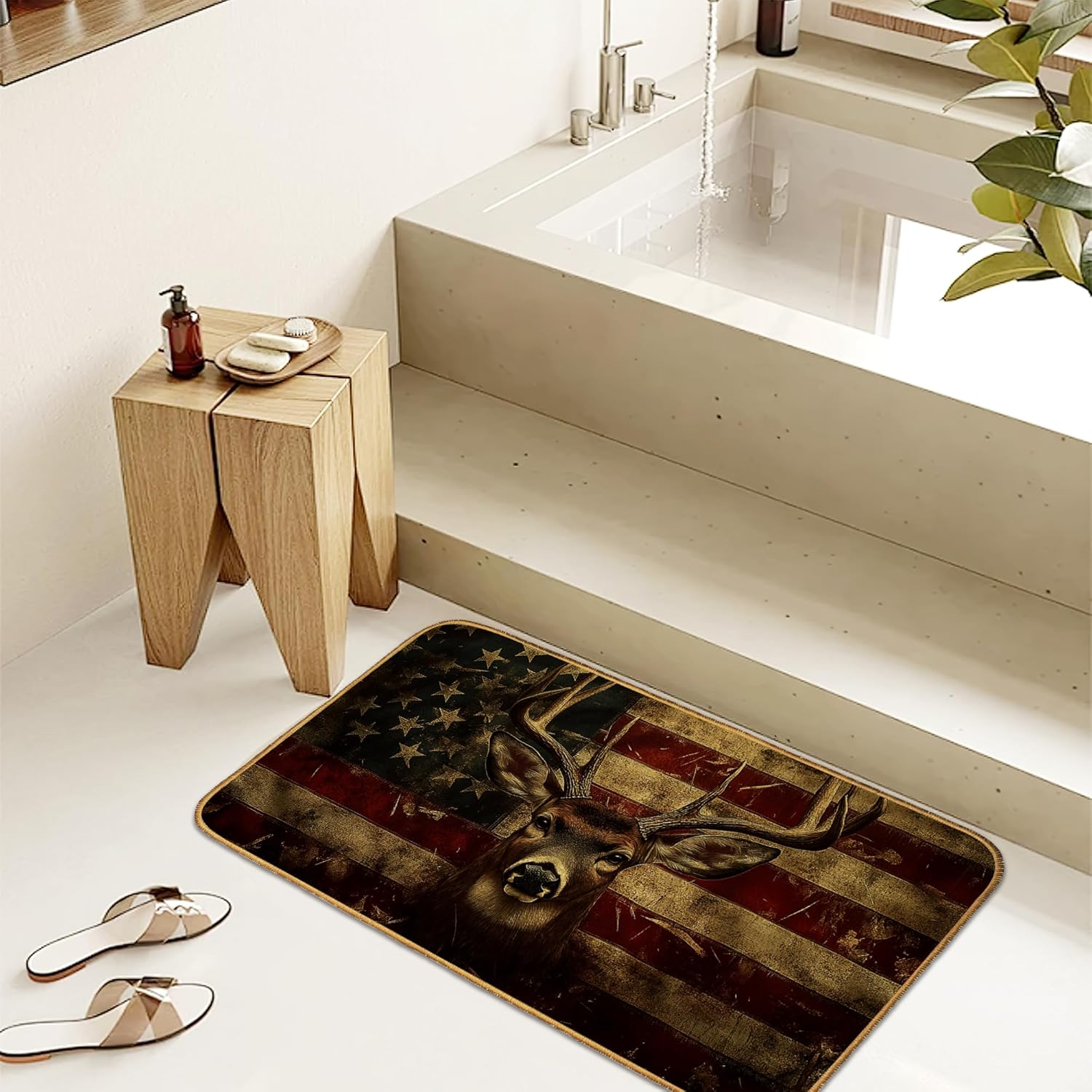 Deer American Flag Doormat Outdoor Entrance,Retro Antler Front Door Mat Decorative Indoor Outdoor Non-Slip Entryway Rug for Home Entrance Outside Entry Floor Patio 17x29 Inch