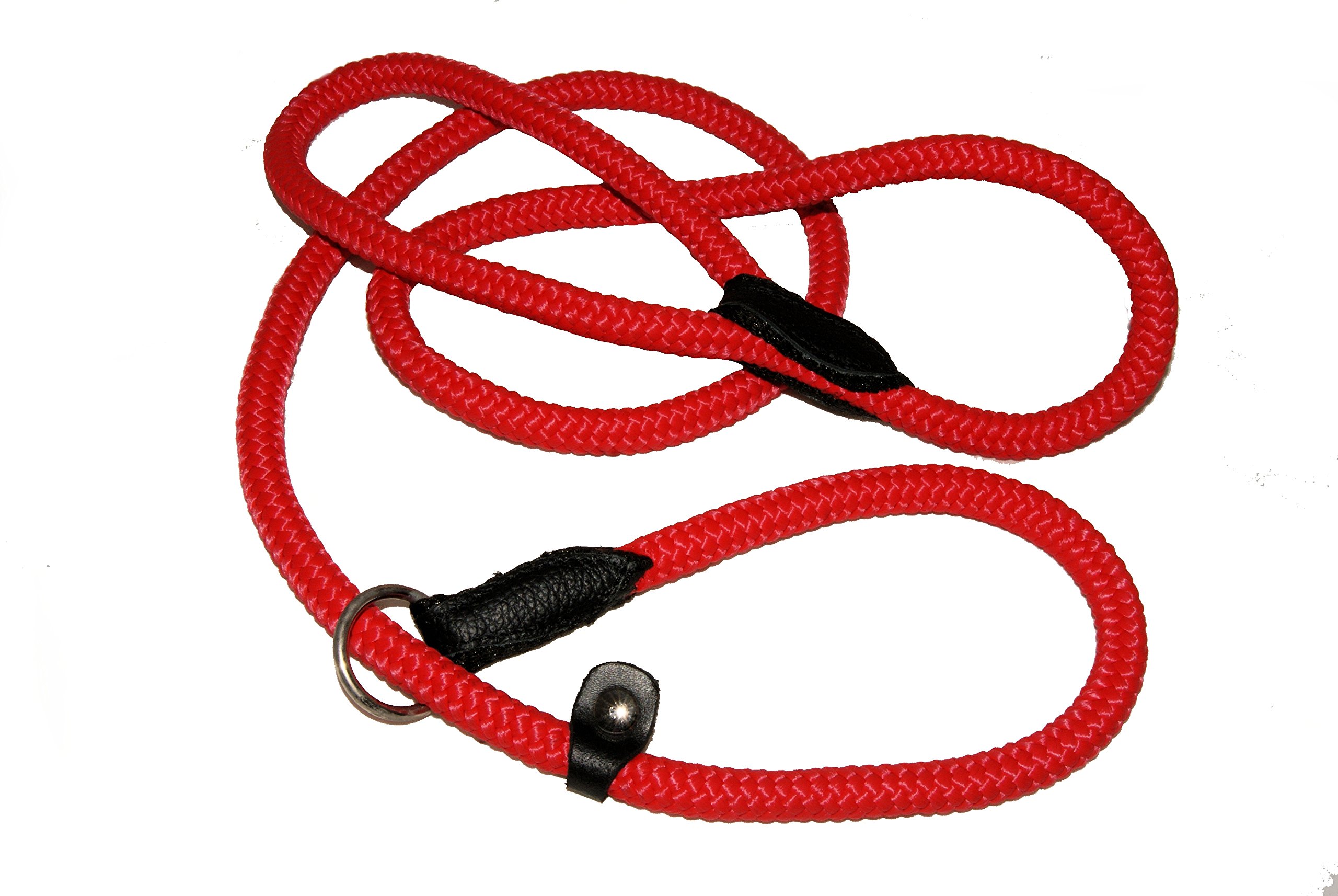 RED SLIP CHOKER LEAD Strong Rope Dog Training Rolled 120cm LONG with Black Leather Finish (8mm thick)