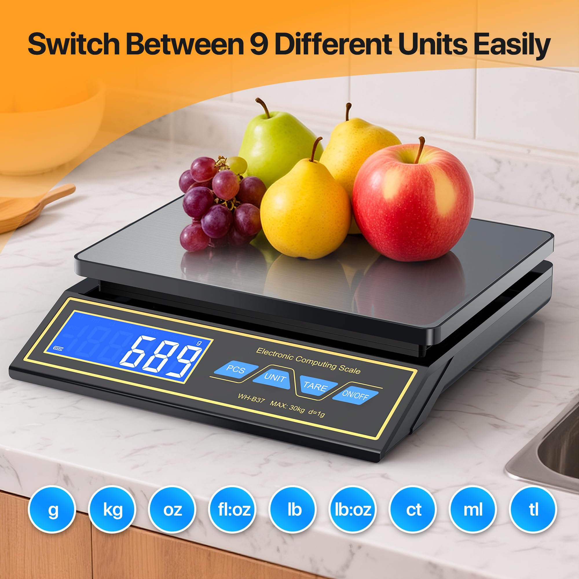 Báscula Digital De 30kg/1g – Acero Inoxidable, Con Función De Conteo Y Tara, Pantalla LCD, Recargable USB-C