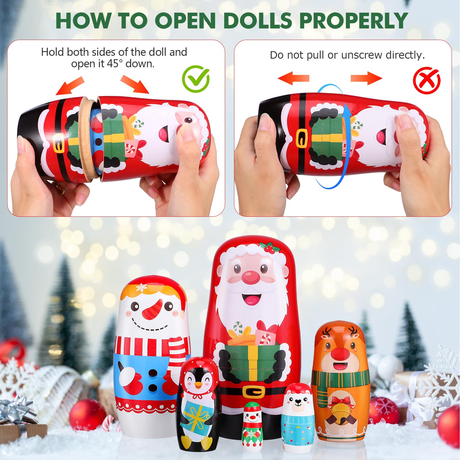 DEARMAMY 6PCS Russian Nesting Dolls Wooden Handmade Matryoshka Dolls for Children Cute Cartoon Nesting Dolls for Snowman Santa Claus Theme Christmas