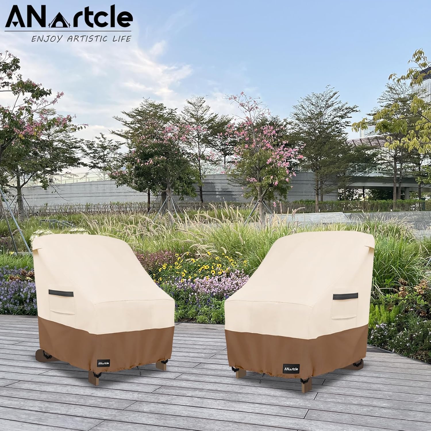 ANartcle Patio Adirondack Chair Cover 2 Pack,600D Waterproof Heavy Duty Outdoor Chair Covers,Adirondack Chair Covers(30W x 34D x 36H inches),Patio Furniture Covers,Beige&Brown
