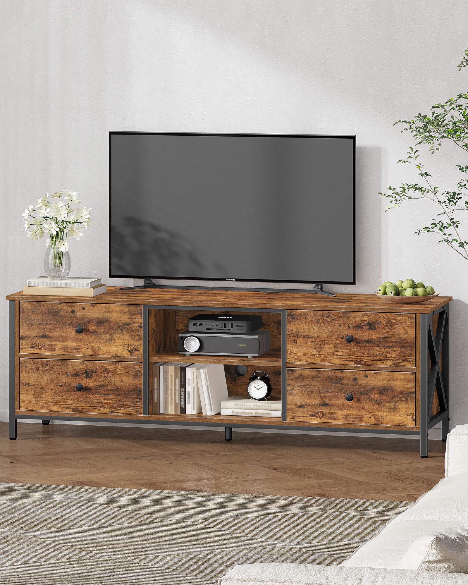 Hzuaneri Mobile TV, tavolino porta TV a 4 cassetti, adatto per TV fino a 165 cm, con 2 vani aperti, 40 x 147 x 50 cm, adatto per soggiorni, camere da letto e sale da pranzo, marrone vintage TV16801B