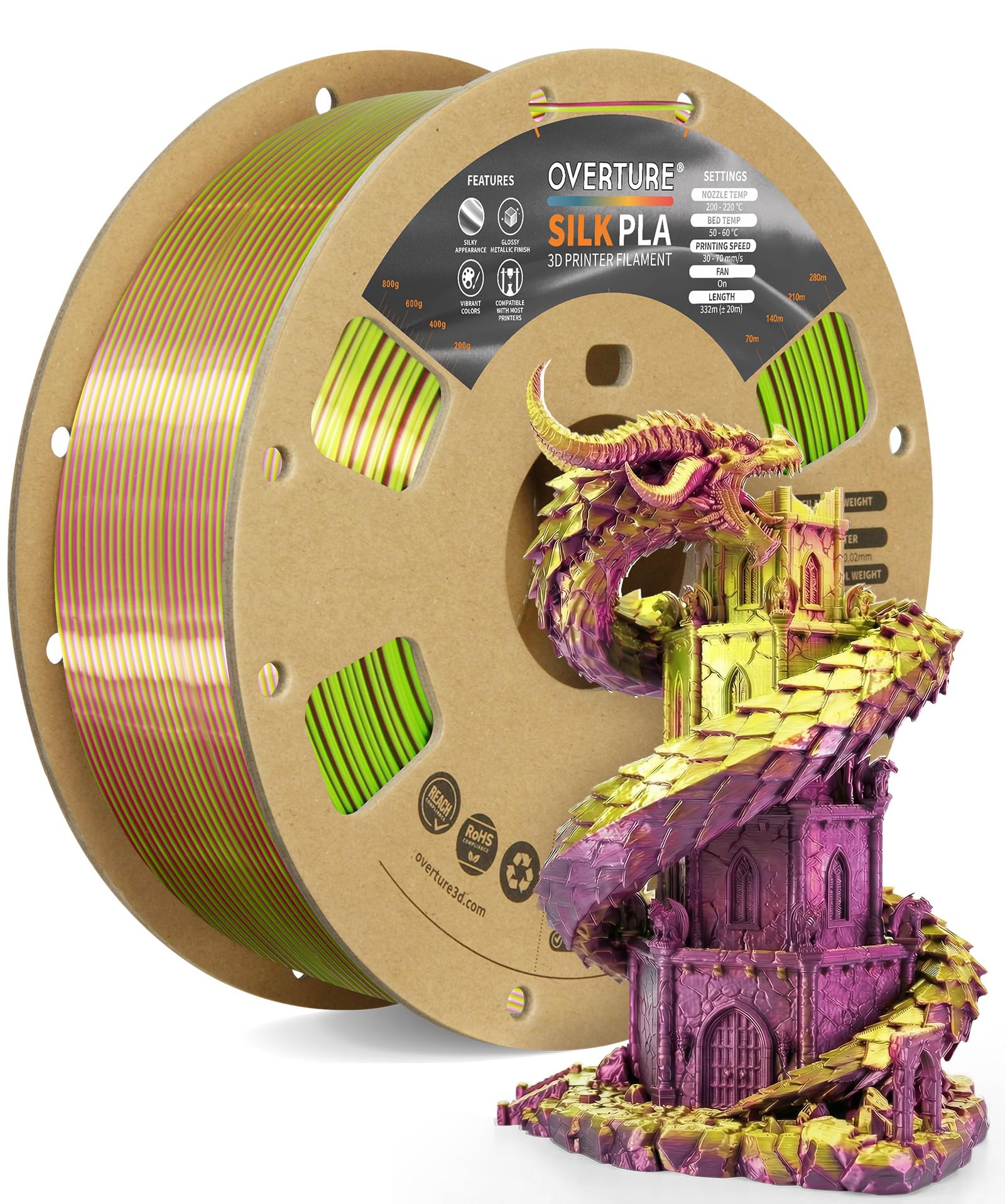 OVERTURE Silk PLA Dual Color Filament 1.75mm, Bi-Color Shiny PLA Finish, Smooth & Glossy, 1kg Spool (2.2lbs), Ideal for Cosplay Jewelry & Home Decor (