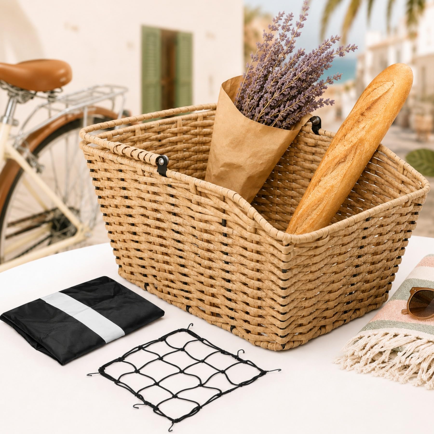 ANZOME Wicker Rear Bike Basket, Handwoven Cruiser Basket 16 in, Khaki