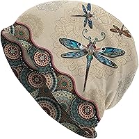 Tenna Teki Retro Boho Slouchy Beanie with Dragonfly Print - Unisex Knitted Hat for Women & Men, All-Season Warmth