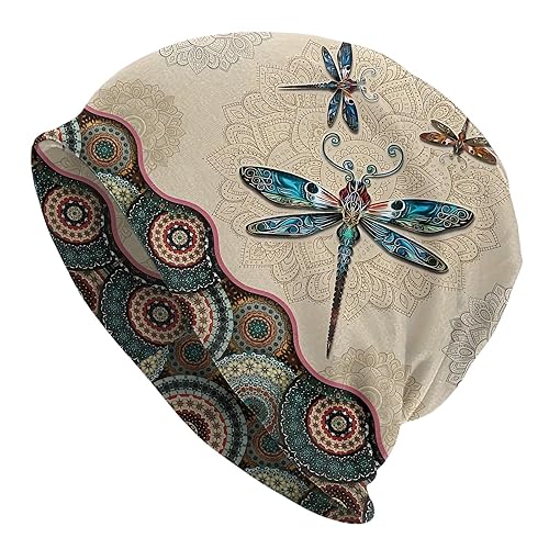 Premium Retro Boho Style Slouchy Beanie - Dragonfly Print Knitted